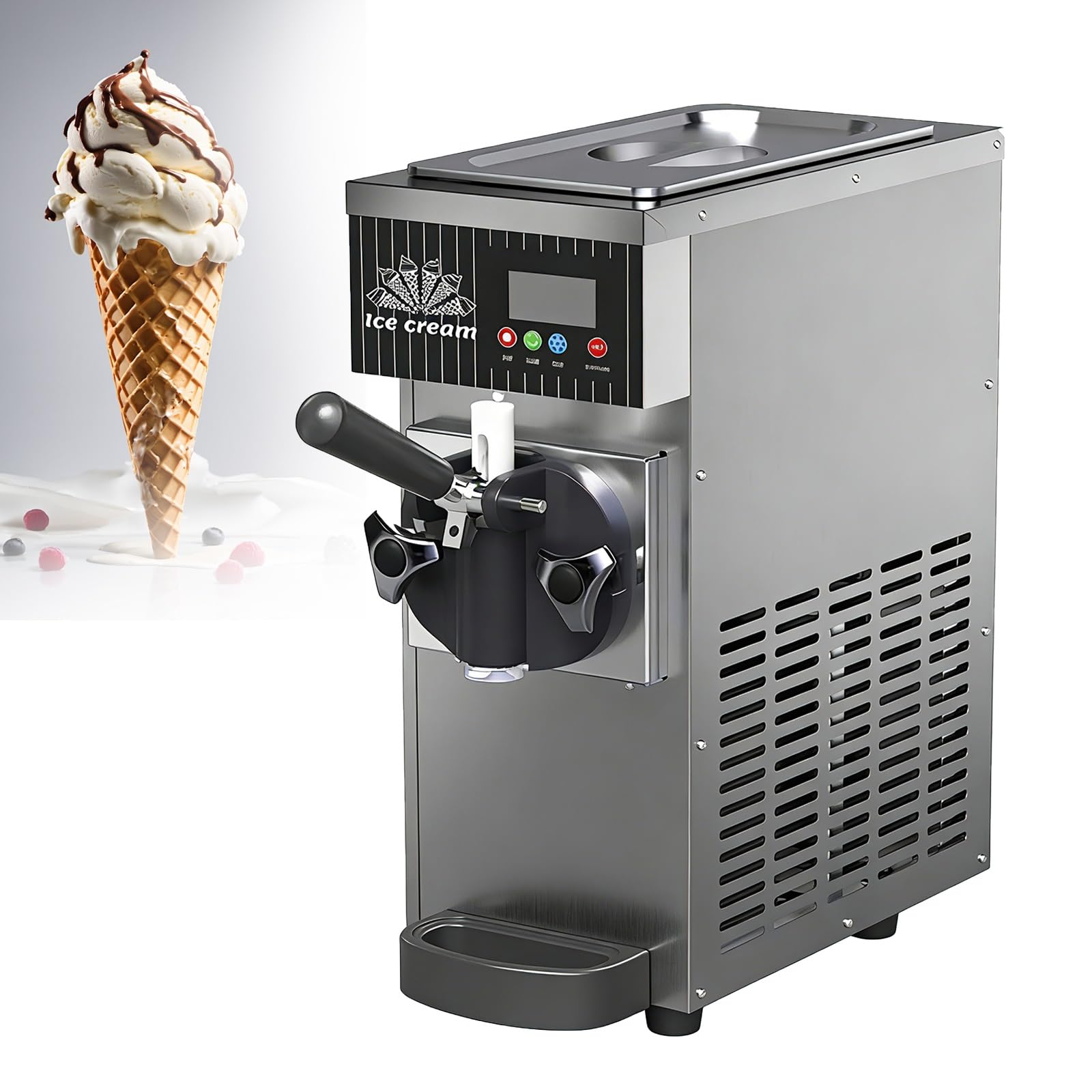 Máquina De Sobremesa Para Helado Suave 450 W, Enfriamiento Rápido, 4-5 L/H, Capacidad 3,5 Litros, Dureza Ajustable, Limpieza Automática, Un Solo Sabor, Cuerpo Acero Inoxidable(Gray)