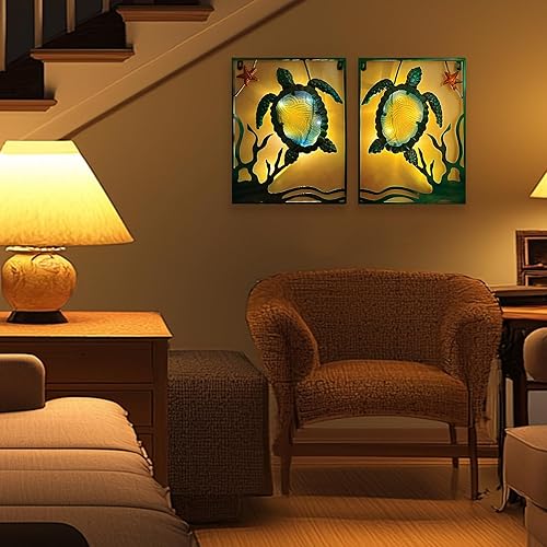 Miniatura 6 de LIFFY Arte de pared de tortuga marina con temática de playa para baño con marco - Arte de pared exterior con luces de hadas LED, escultura de pared