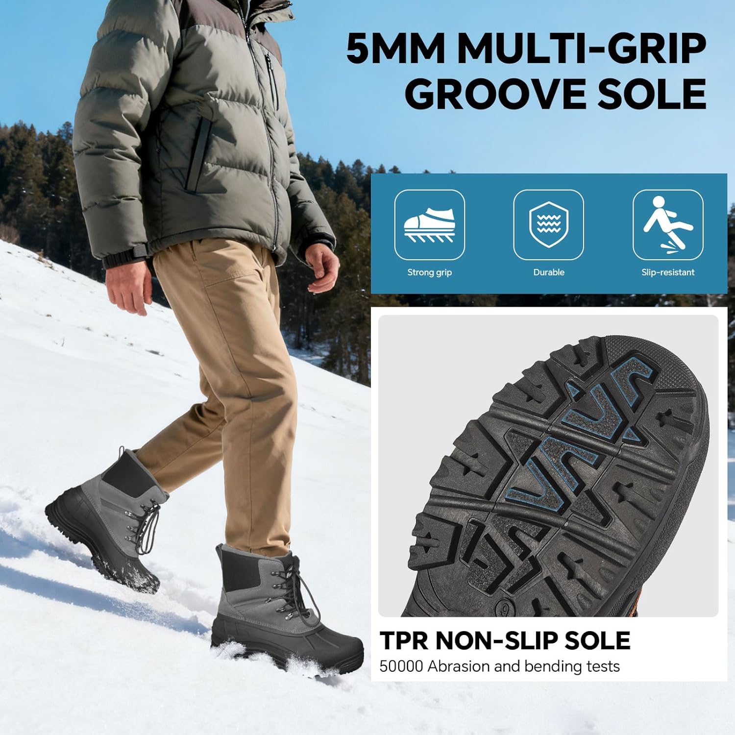 Men's Snow Boots Warm Winter Boots For Men Waterproof Insulated Mens Fur Lined Hiking Work Shoes Youth Non-slip Black Ankle High-top Shoe 8 Inch Cold Weather - Image 3