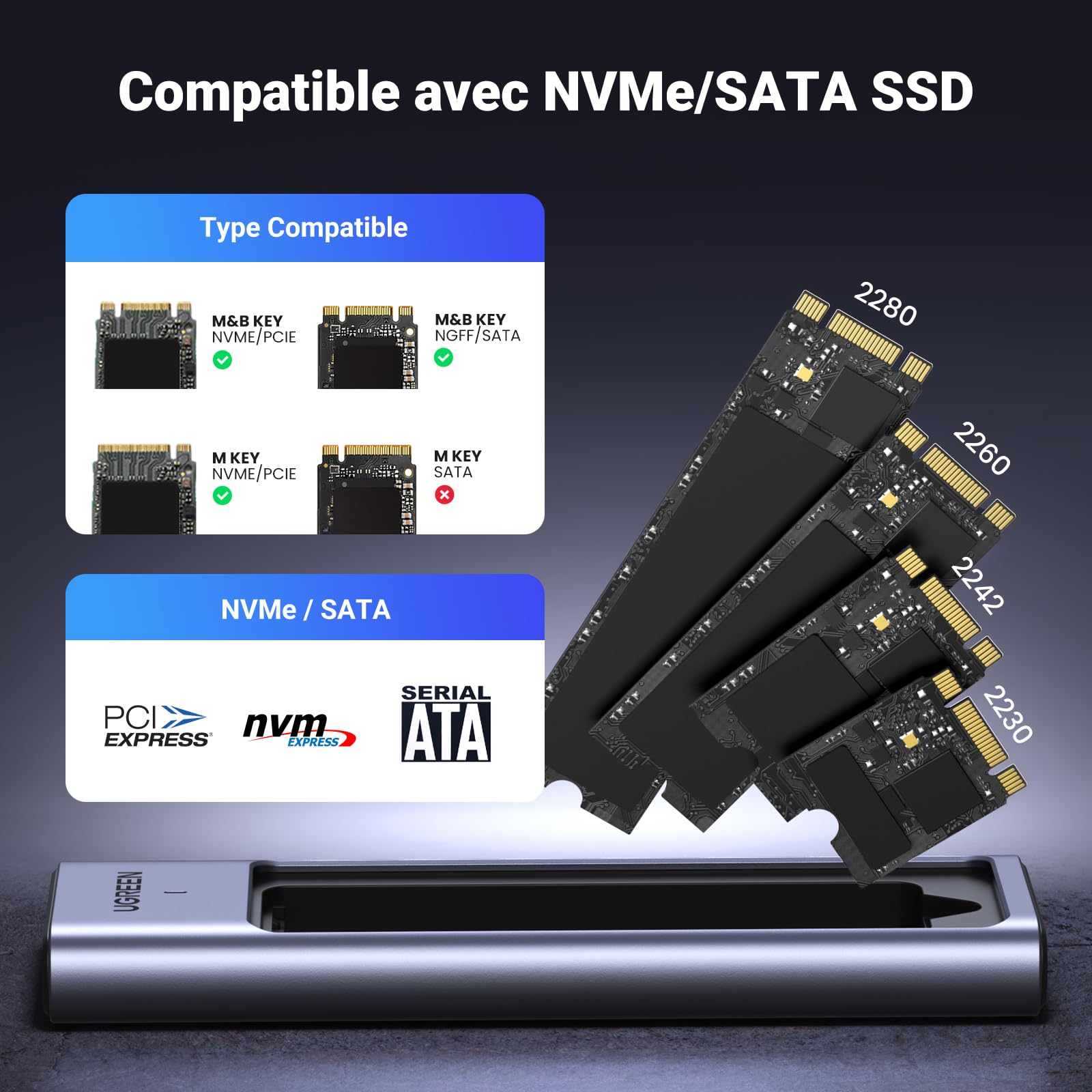 UGREEN Boîtier M2 SSD NVMe SATA 20 Gbps USB 3.2 Gen 2 Adaptateur Disque Dur Externe Aluminium M.2 2230 2242 2260 2280