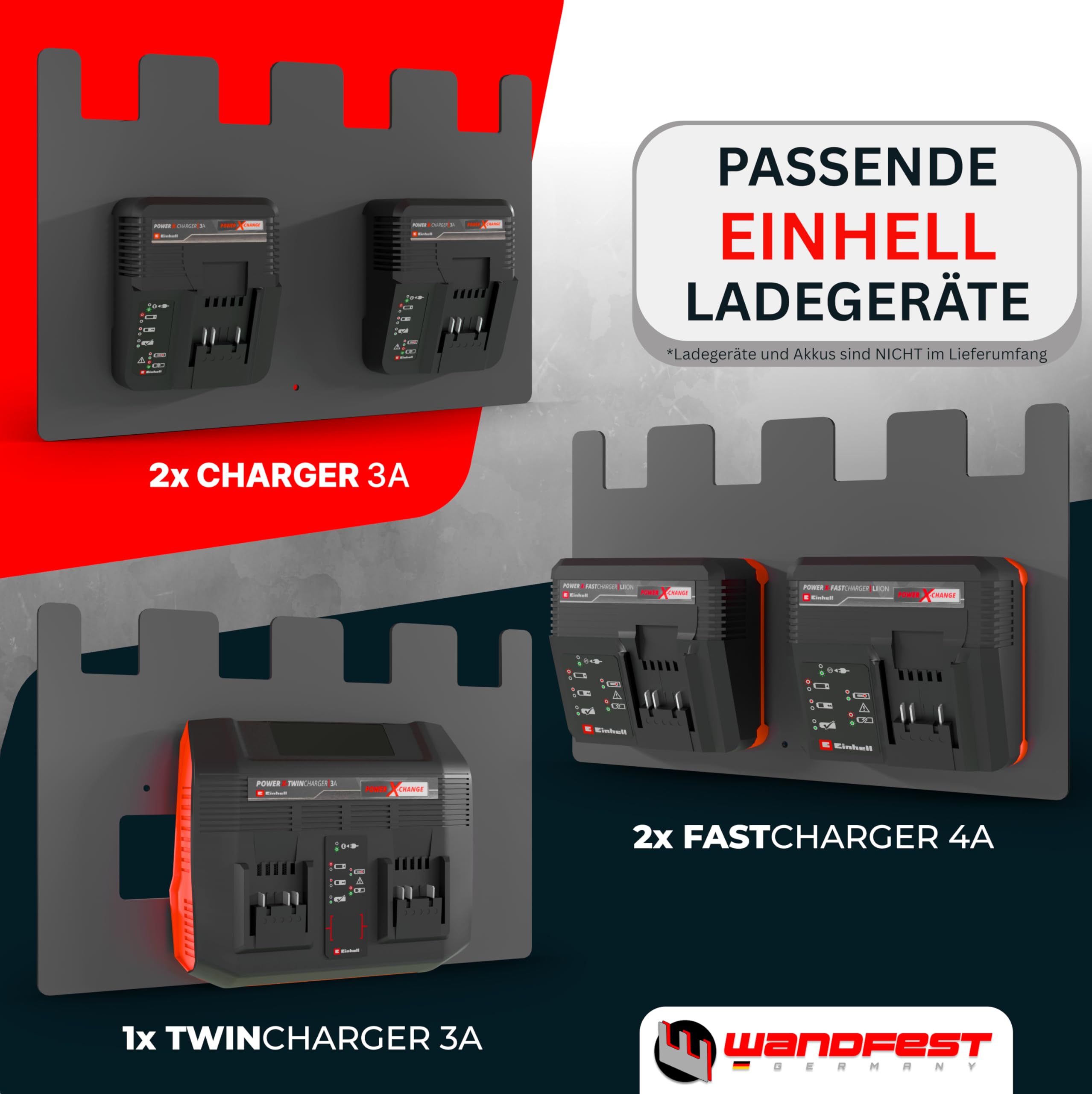 Wandfest® Wandhalterung für Einhell Akkus und Ladegeräte - Das Original | Glänzende & Matte Seite [Made IN Austria] | Stabile Einhell Akku Halterung | 1-4 Akkus
