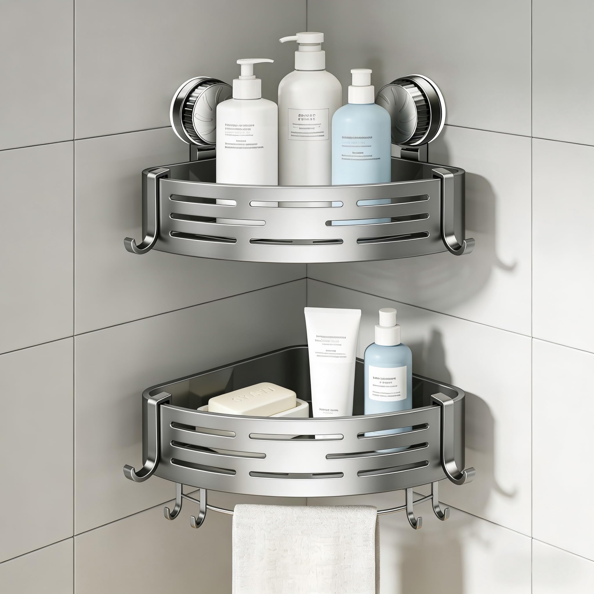 QT QY Suction Cup Triangle Bathroom Shelf Corner Shower Organizer No Drilling Upgraded Large Suction Cups Plastic Shower