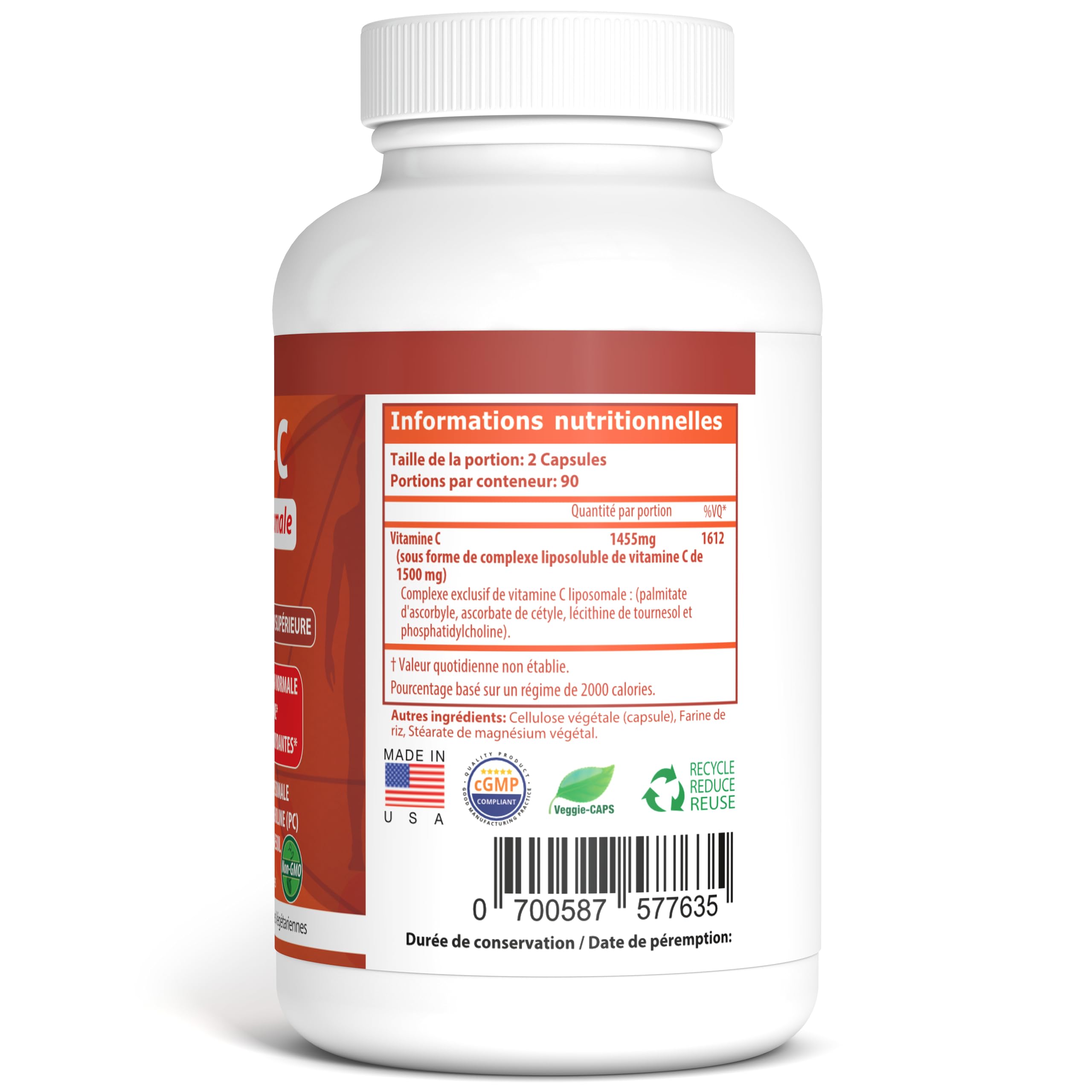 Vitamine C Liposomale 1500 mg - 180 Capsules végétariennes - Complexe Liposomal C breveté haute puissance avec lécithine de tournesol