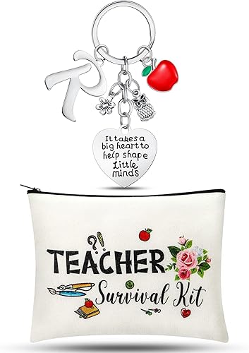 Juego de regalo de agradecimiento para profesores, llavero para profesores con inicial, kit de bolsa de maquillaje, juego de bolsa de regalo de