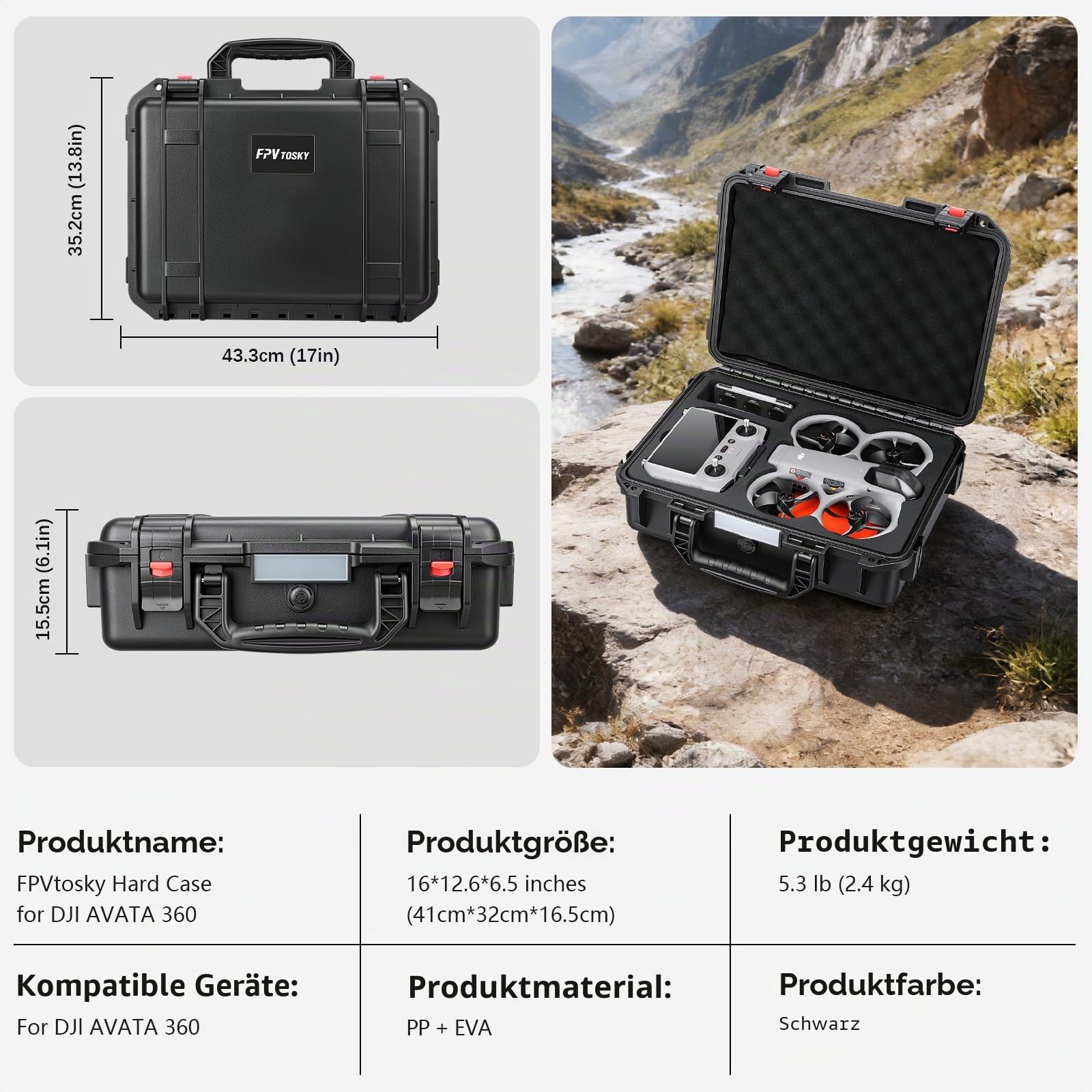FPVtosky Koffer für DJI Avata 360 & RC 2 – IP67 Wasserdicht, mit Platz für Landematte, Ladestation Zubehör [NUR KOFFER]