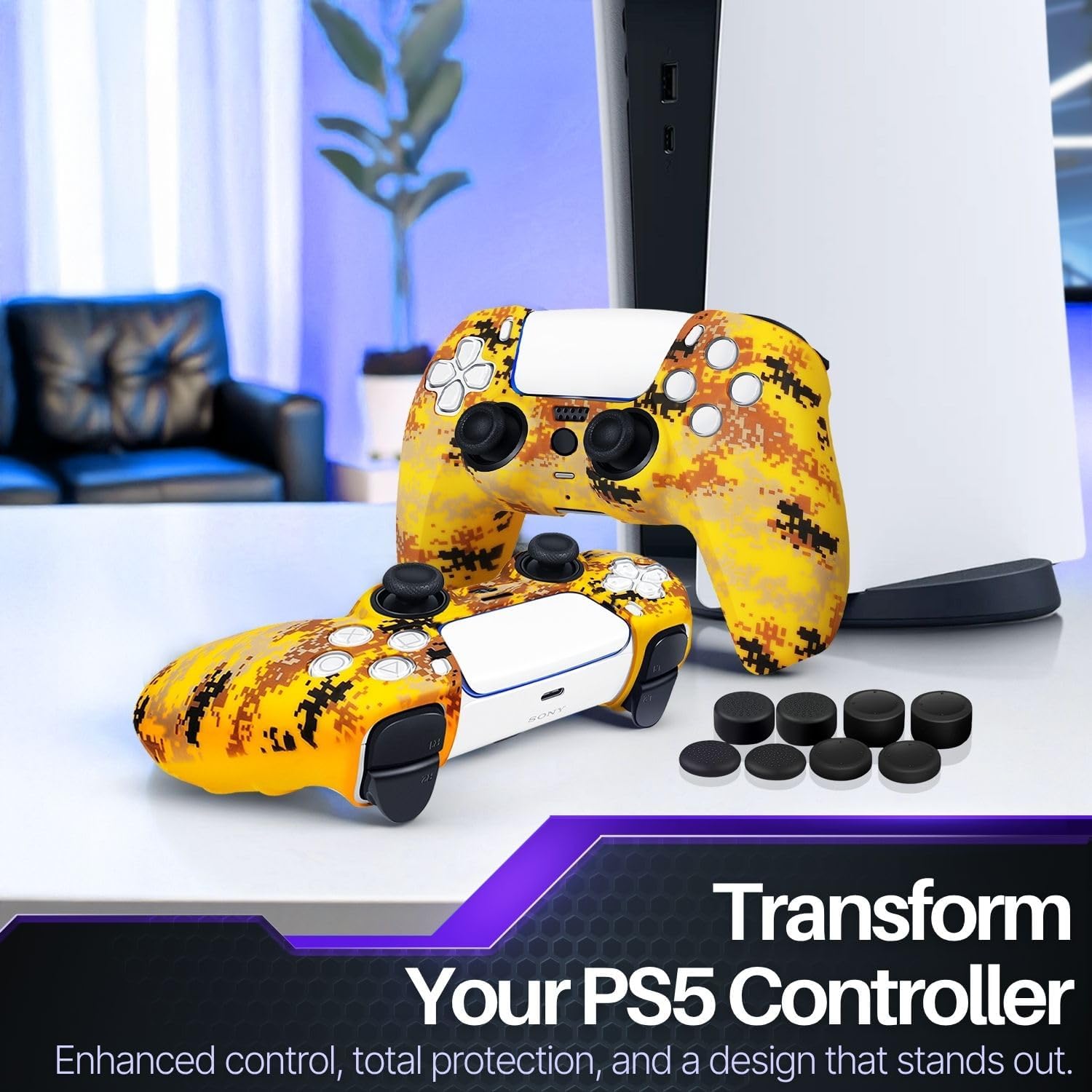 TNP Controller Case for PS5 Silicone Controller Skin for Dualsense Cover + 8 Pro Thumb Grips Set Sony PlayStation 5 Skins Accessories Camo Yellow with Ergonomic Textured Grip - Image 2