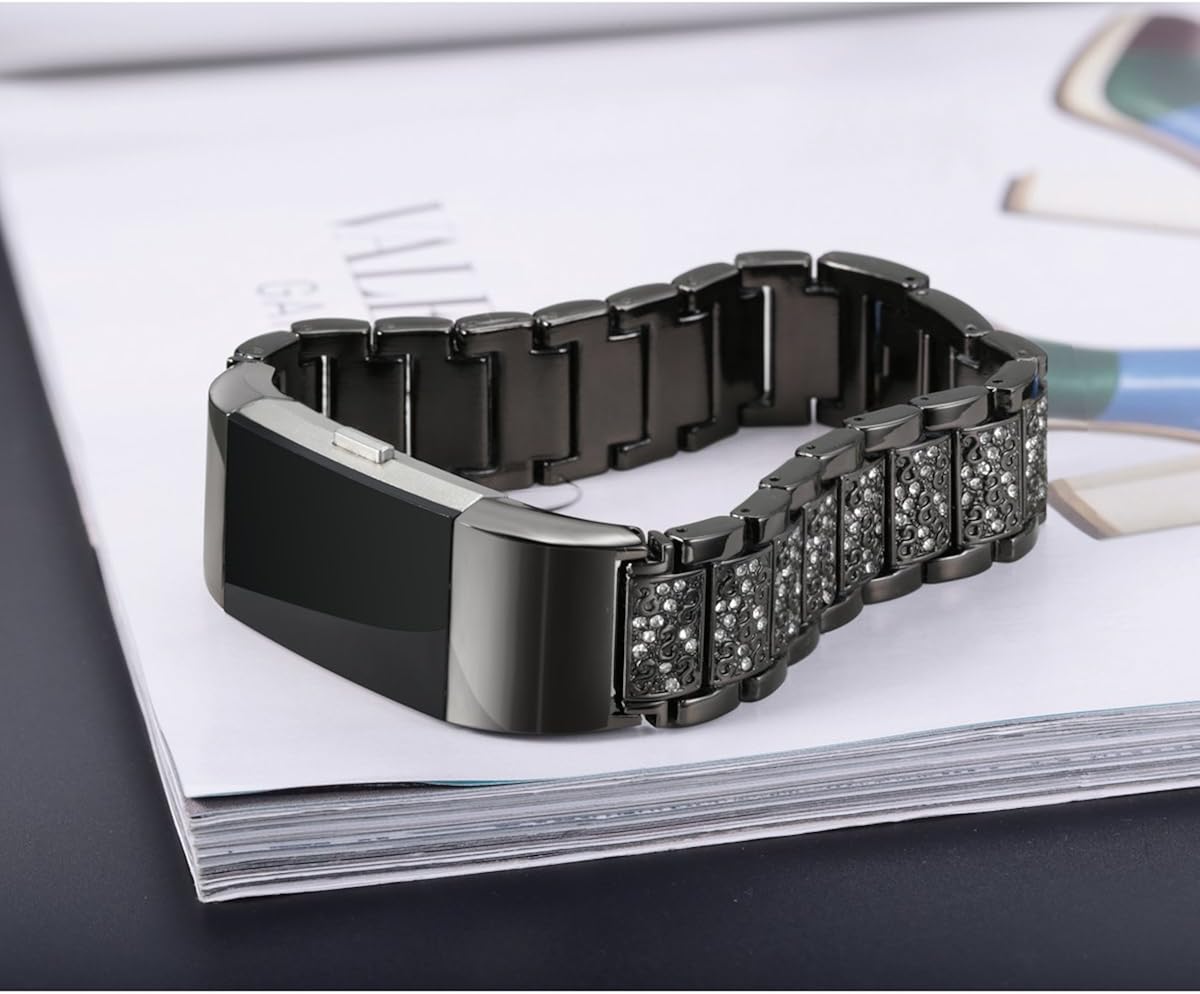 bayite Bling Bands Compatible Fitbit Charge 2, Replacement Metal Bands with Rhinestone Bracelet, Black