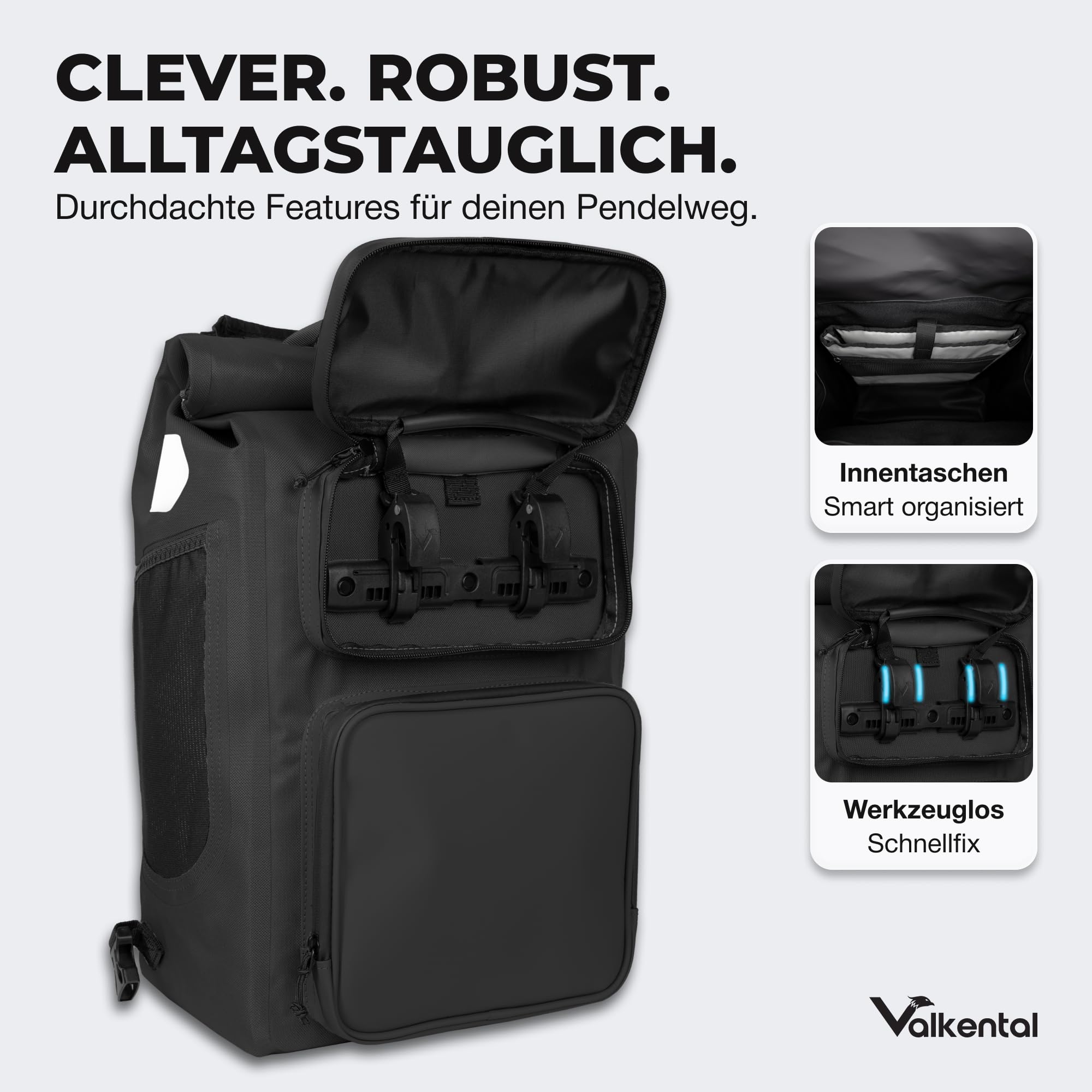 Valkental® UrbanX 2in1 Fahrradtasche & Rucksack kombiniert [28L Volumen] wasserdichte Gepäckträgertasche mit abschließbarer Befestigung – Elegante Radtasche & stylischer Rucksack – Geprüfte Qualität