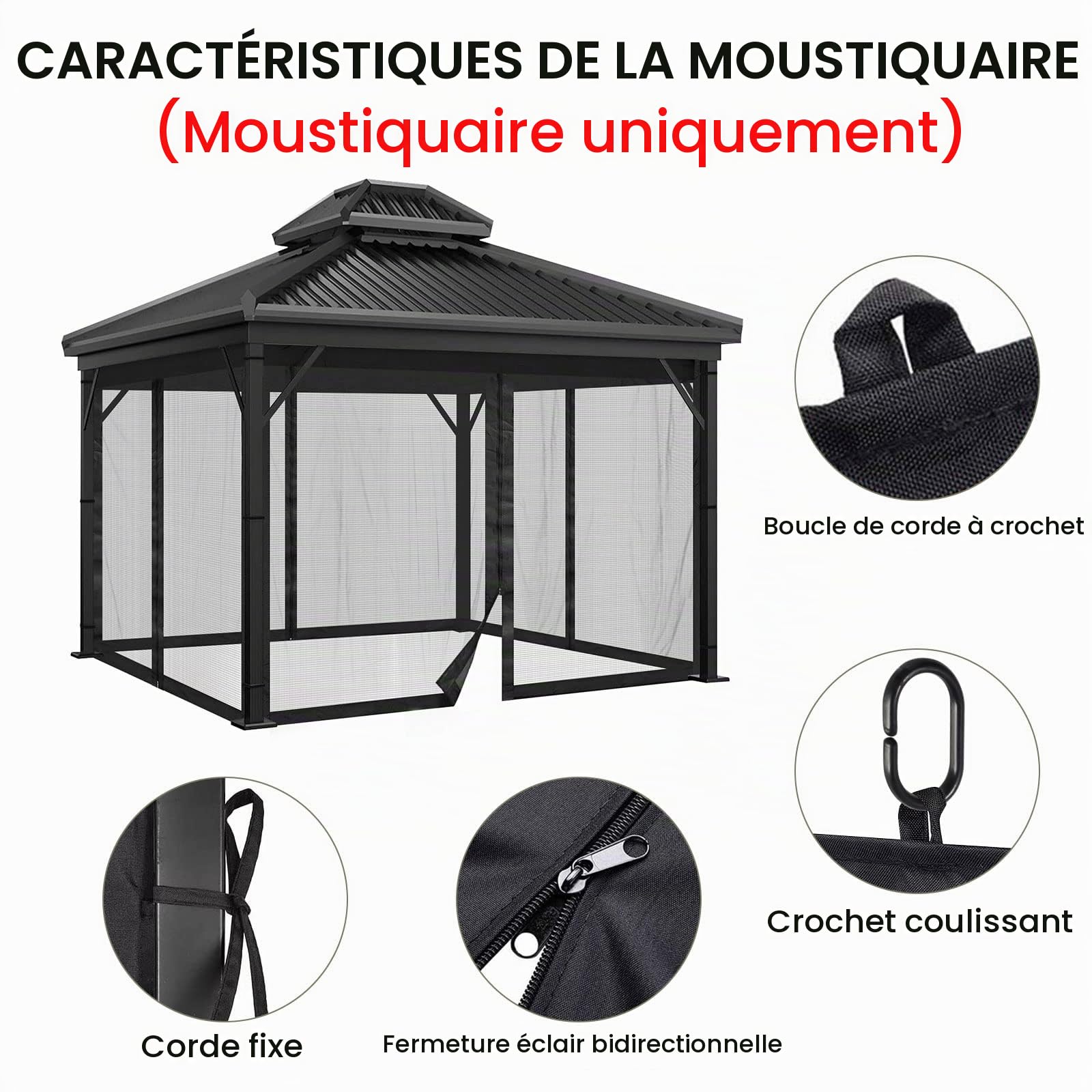 Moustiquaire Universelle de Rechange pour tonnelle d'extérieur à 4 Panneaux avec Fermeture éclair (moustiquaire Uniquement) (3 x 3 m, Noir)