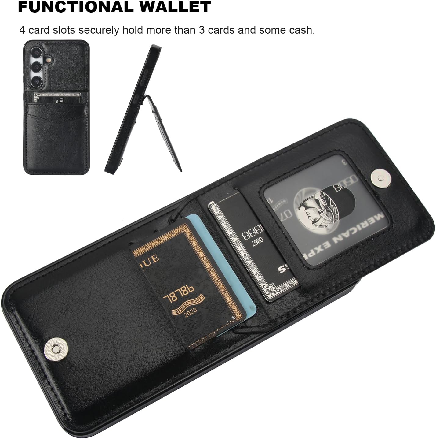 KIHUWEY for Samsung Galaxy S24 Case Wallet with Credit Card Holder, Flip Premium Leather Magnetic Clasp Kickstand Heavy Duty Protective Cover for Samsung Galaxy S24 6.2" (Black) - Image 4