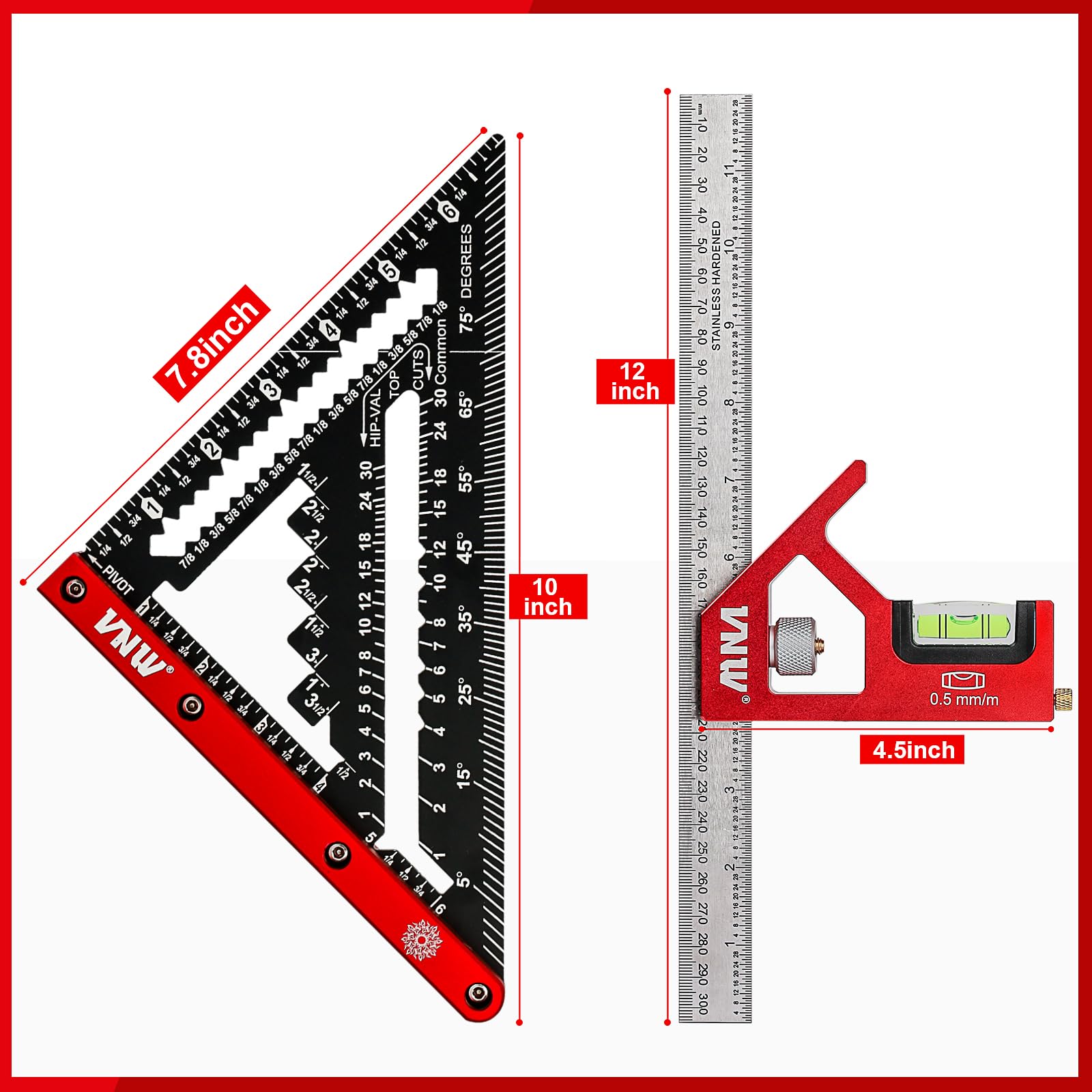 FEETE Carpenter Square And Rafter Square Ruler Set, Aluminum 12" Combo