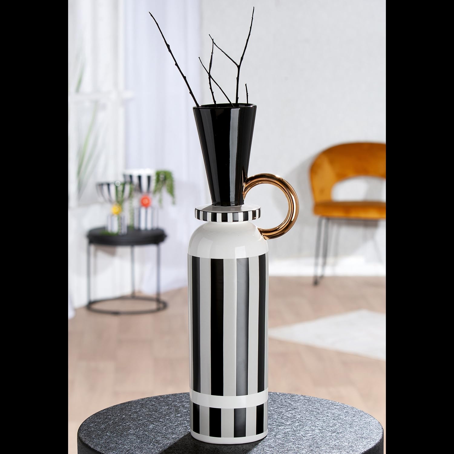 GILDE Vaso da pavimento Pomposo in ceramica, a righe, smaltato, in bianco e nero, altezza 48 cm x diametro 11 cm, impermeabile