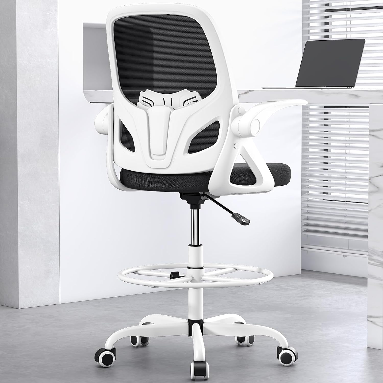 kensaker drafting chair tall office chair for standing desk, adjustable tall desk chair with footrest ring and lumbar support, executive ergonomic computer chair with flip-up armrests white k255-s