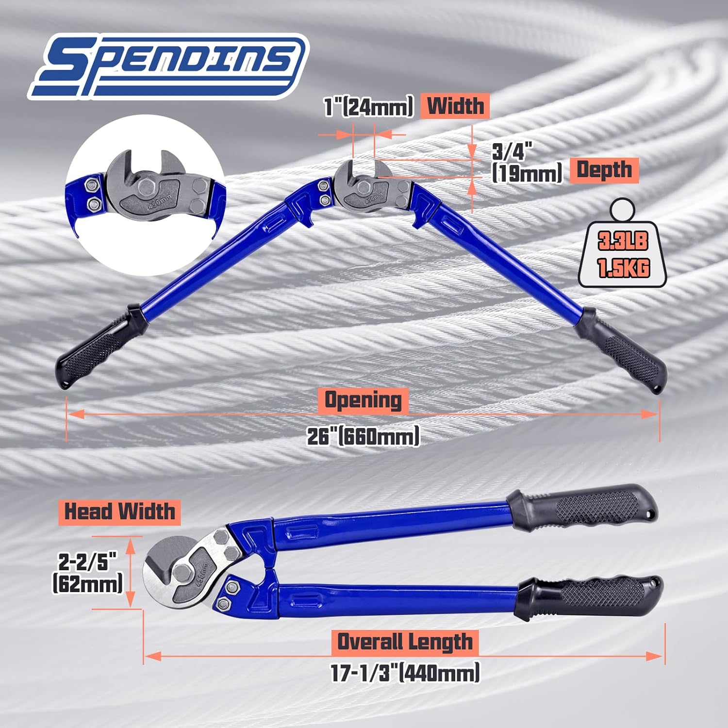 18” Heavy Duty Wire Rope Cutter,Steel Wire Cutters w/Ergonomic Handle Design, Hardened Cable Cutter Cuts Up to 5/16" for Wire rope, Stainless Steel Wire, Copper and Aluminium Cables