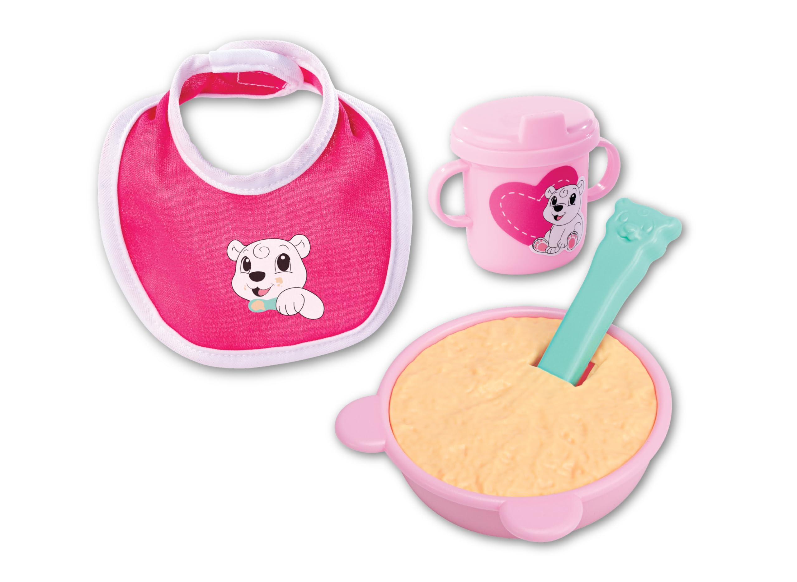 Simba New Born Baby magisches Fütterset, Teller mit Brei, magischer Löffel, Trinklernbecher und Lätzchen für 30-43cm Puppen, 4 Teile, ab 2 Jahren