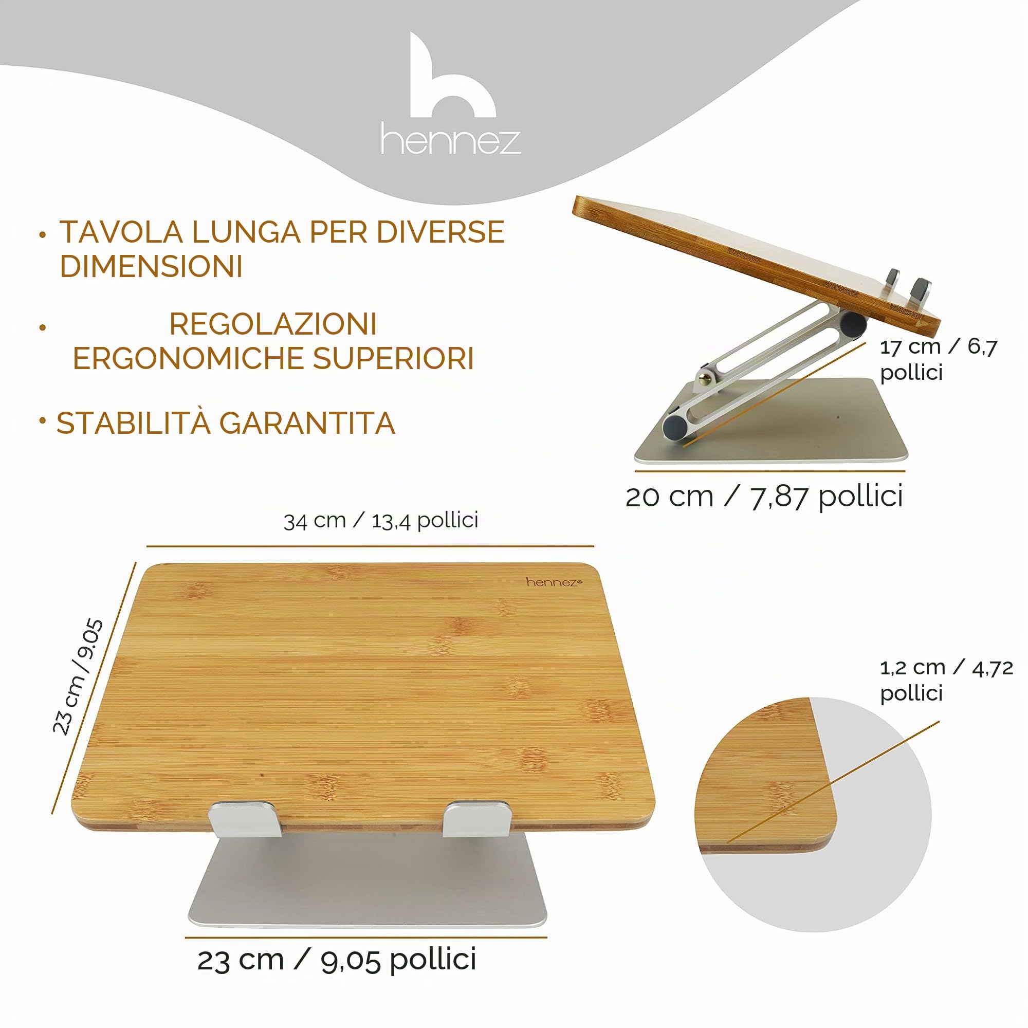 HENNEZ Supporto per computer portatile in legno, regolabile in altezza, supporto per notebook/MacBook