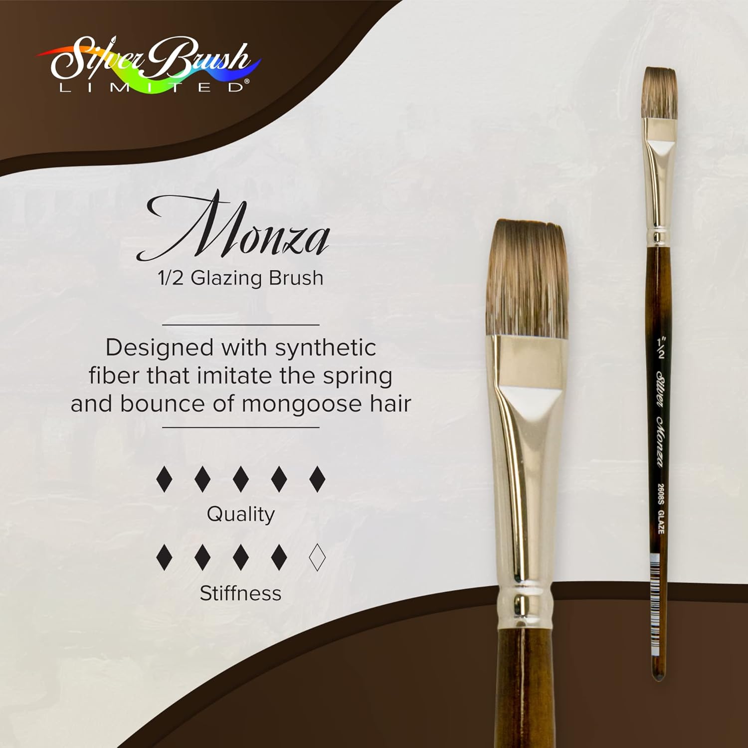 Silver Brush Limited 2608S-1/2 Monza Glaze Brush Paintbrush for Oil, Acrylic, and Heavy Body Paints, Size 1/2 Inch, Short Handle