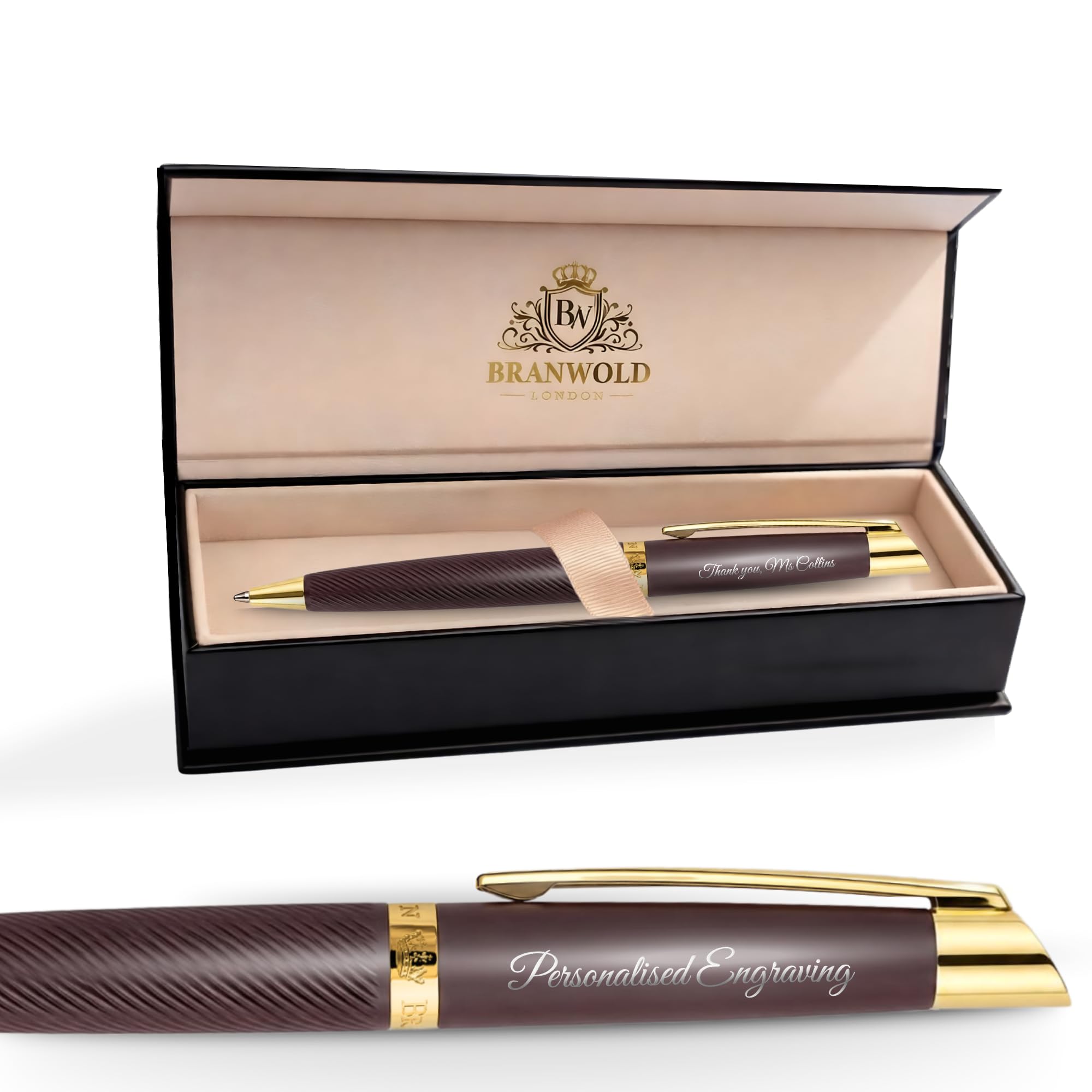 BRANWOLD London Luxury Personalised Engraved Pen Gift Set, Custom Ballpoint Pen with Premium Magnetic Gift Box, Graduation, Retirement & Corporate Gifts (Burgundy/Gold)