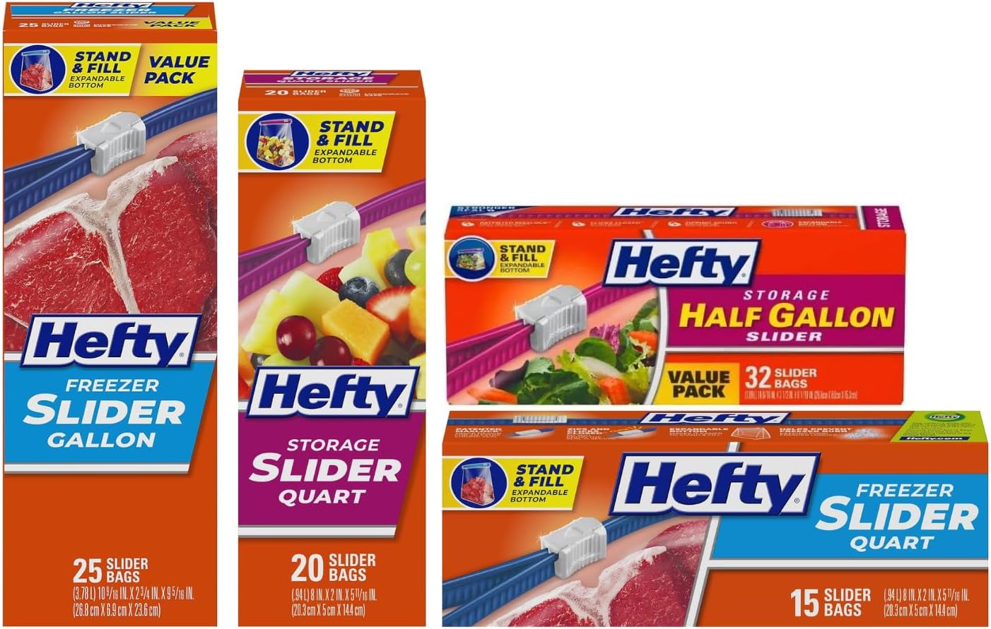 Hefty, 1 Hefty Slider Bags, Quart, 20 CT, 1 Freezer Slider Bags, Quart, 15 CT, 1 Freezer Slider Bags Gallon, 25 CT, 1 Slider Bags Half Gallon, 32 CT (Variety Pack) Hefty Slider Variety Pack - Image 1 of 8