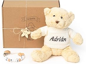 BALÚ - Personalised Teddy Bear + Personalised Wooden Dummy Holder with Name. Newborn Gift for Boy or Girl. Handmade and Safe for Baby. Ideal for Baby Baskets, Prevents Loss of Pacifier.
