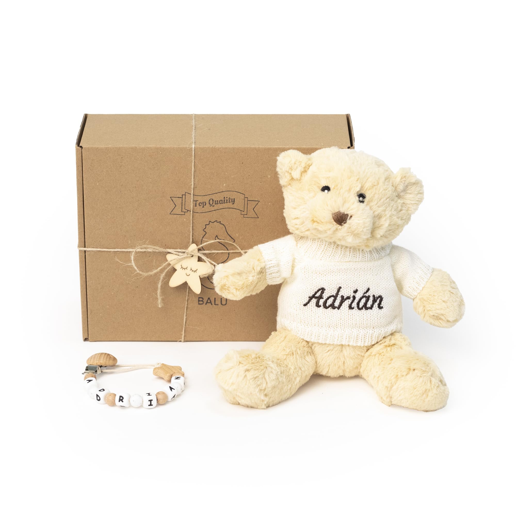 BALÚ - Oso Peluche Personalizado + Chupetero Personalizado Madera con Nombre. Regalo Recién Nacido Niño o Niña. Hecho a Mano y Seguro para Bebé. Ideal para Canastillas. Evita Pérdida del Chupete.