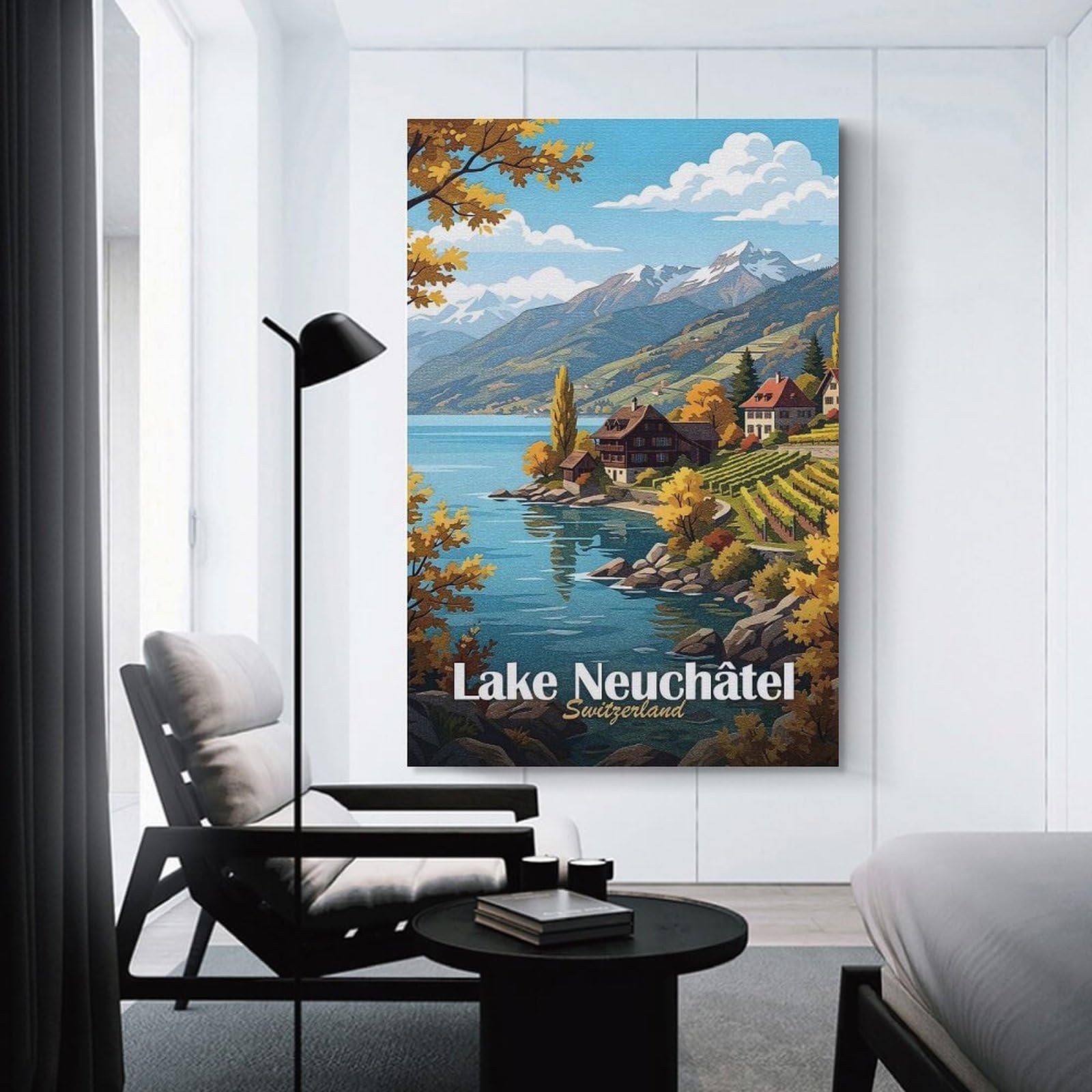 Junmoney Canvas Wall Picture Lake Neuchâtel, Switzerland Travel, 20x30inch(50x75cm), for Study, Office Or Focused Interiors, Wall Art That Adds Style to Work Areas