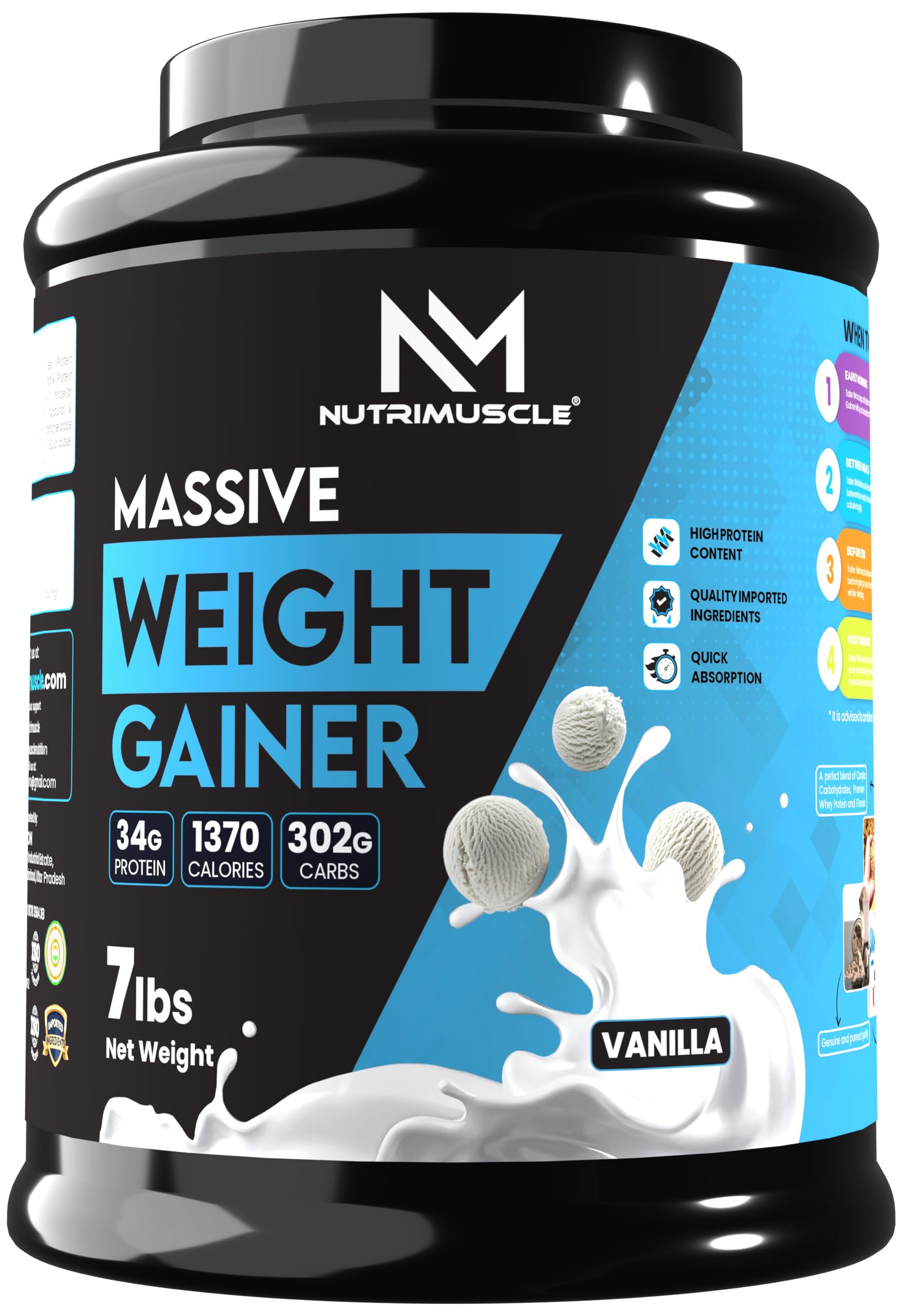 Nutrimuscle Massive Weight Gainer - 7 lbs - Vanilla Flavour - For Weight & Mass Gain - Contains Complex Carbohydrates,Protein and Imported Ingredients