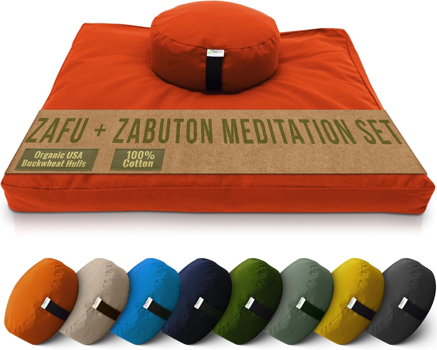 Bean Products Meditation Cushion Mat Set – Zafu Floor Pillow Organic Buckwheat Pillow + Cotton Filled Zabuton Prayer Pad – Meditation Pillow Yoga Knee Pad – Made in USA – 14″ Round or 18″ Oval