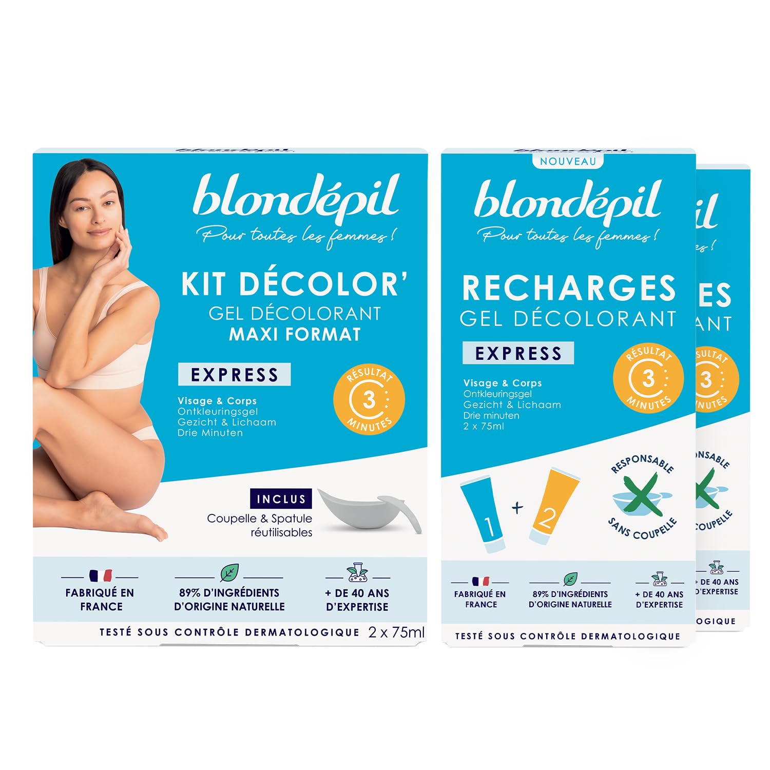 Blondépil - Lot Decolor Express, Creme decolorante visage et corps, Adapté aux peaux sensibles, Ultra rapide, Made in France, 89% d’ingrédients d’origine naturelle, Maxi format + 2 Recharges