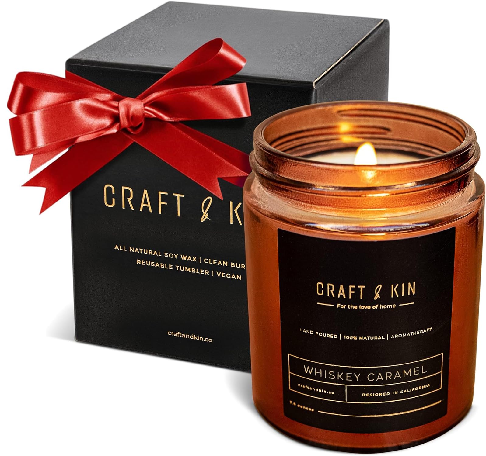 Craft & Kin Christmas Scented Candles for Men | Premium Whiskey Caramel Winter Candle | All-Natural Scent for Home | Long Lasting Holiday Candles with 45 Hour Burn Time, 8oz
