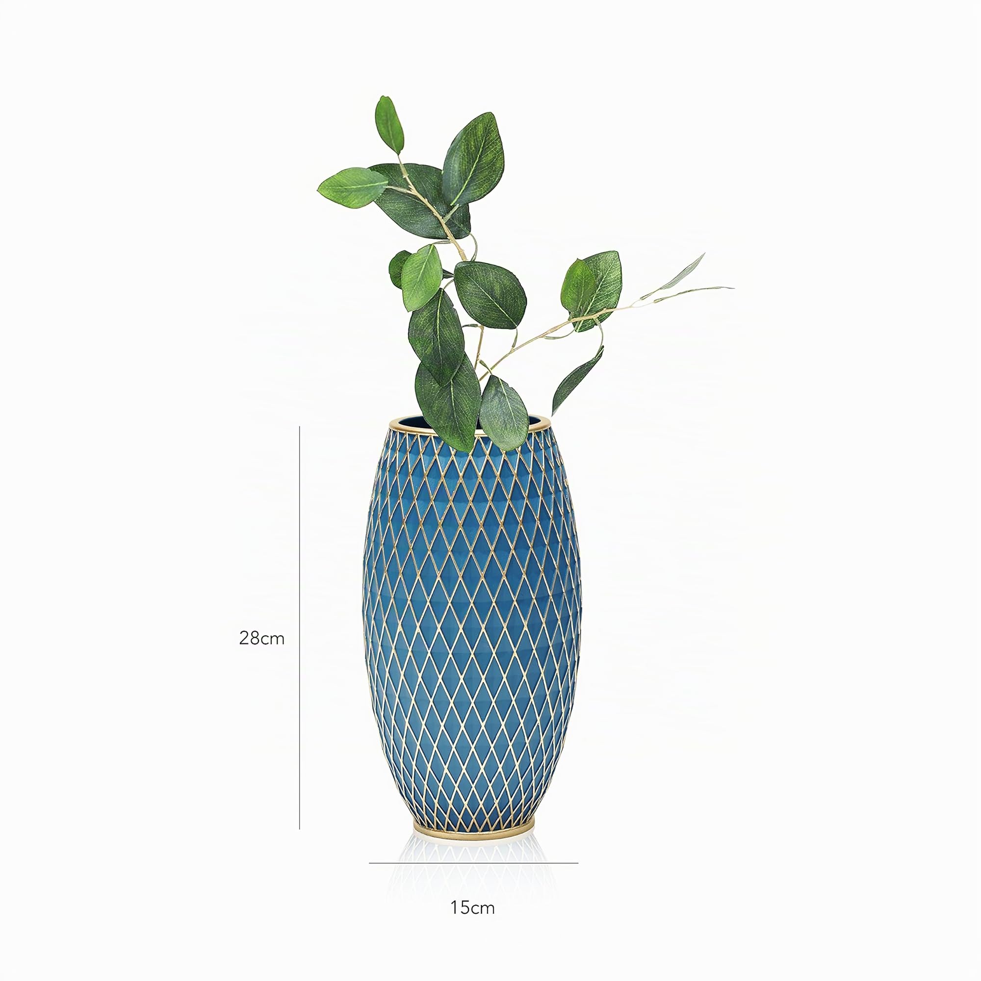 Dekorative Blumenvase, Blau und Gold Vase, Heimdekoration, Einweihungsgeschenk, mit Diamantmuster, breiter Basis und schmalem Hals, für Wohnzimmer Deko, Esszimmer, Flur, Schlafzimmer