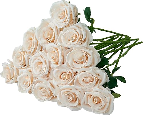 Carlita's Blooms Ramo de 15 rosas artificiales de seda de color champán, flores artificiales realistas, tallo largo para boda, hogar, fiesta,
