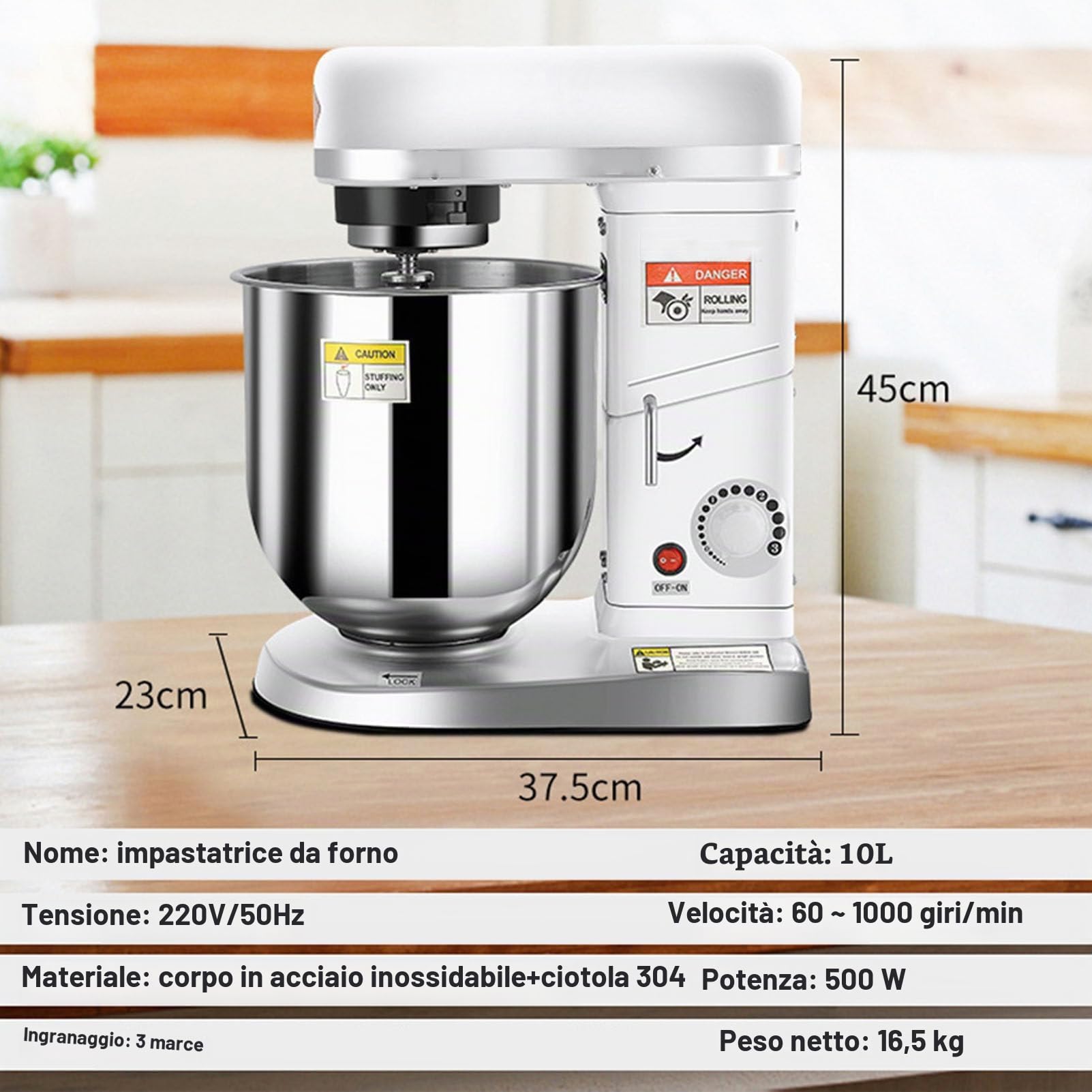 Impastatrice planetaria, impastatrice per Alimenti, impastatrice elettrica per Dolci da 10 Litri e 500 W, con Ciotola, Gancio, Frusta, separatore per Uova, per Pasticceria, Pizzeria, ristora