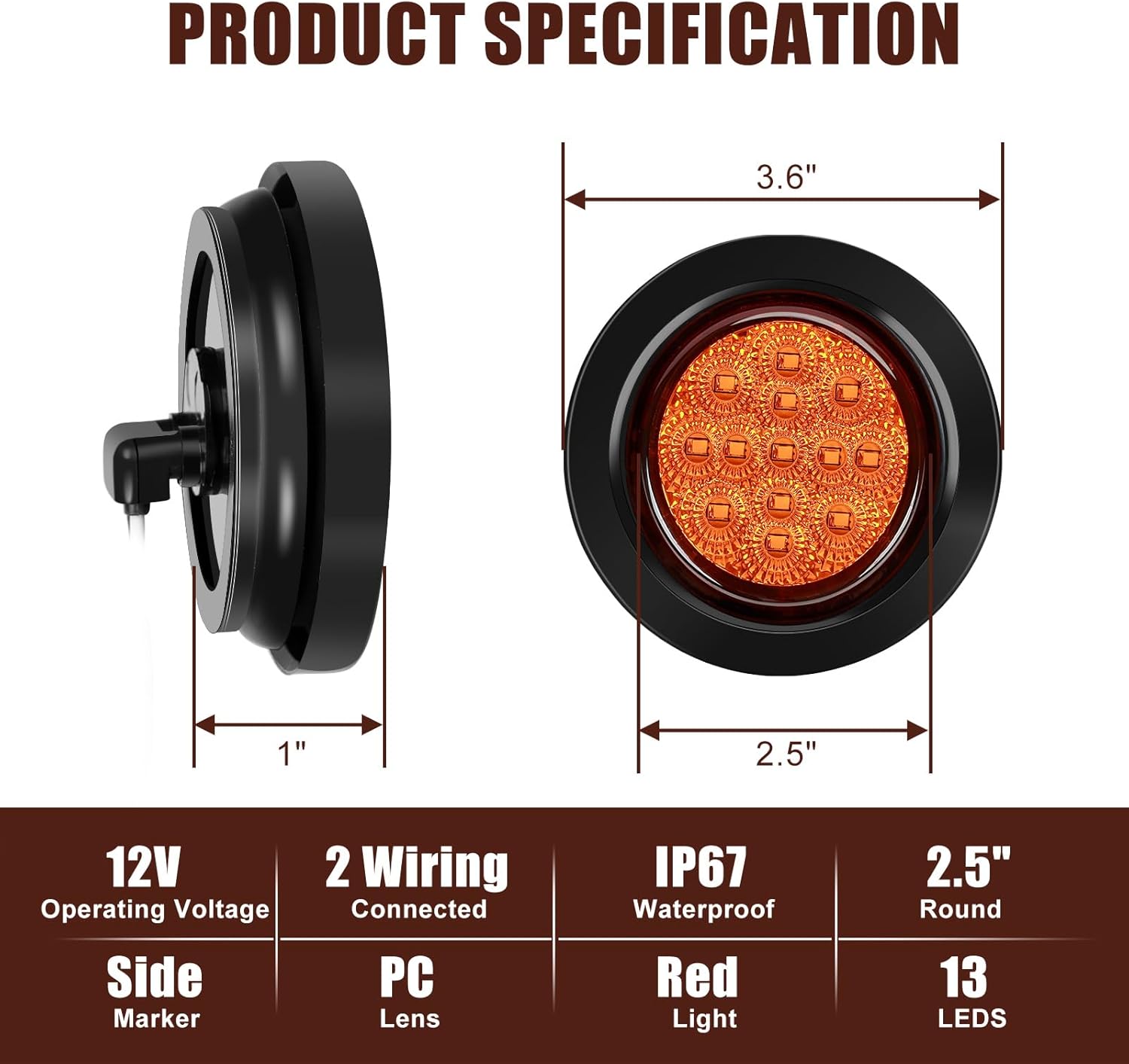 10PCS 2.5" Inch Round Amber Trailer LED Side Marker Clearance Lights Kit IP67 Waterproof 13 LED w/Grommets and 2 Prong Pigtails for 12V Truck Trailer RV Van Boat