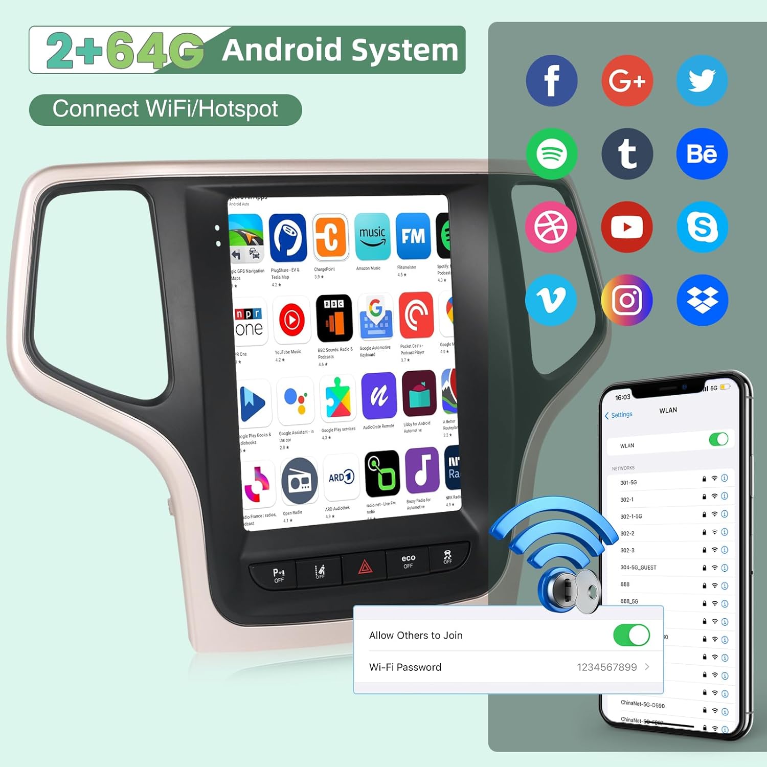 Image displaying the Android system interface on the car stereo, showing various apps and Wi-Fi hotspot connection settings.