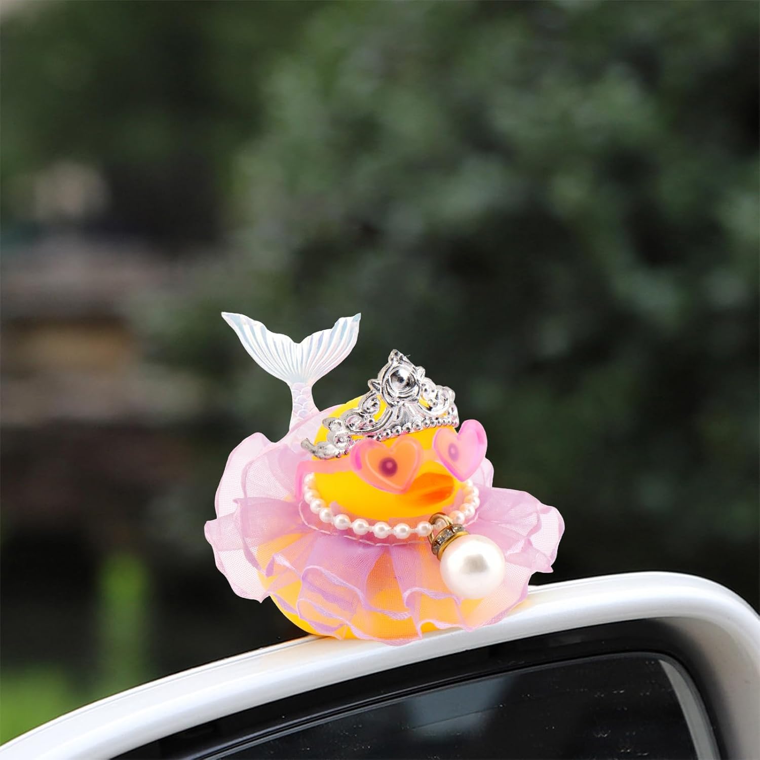 wonuu Mermaid Rubber Duck Decoration Cute Car Accessories Car Ducks for Dashboard with Skirt Love Heart Glasses Necklace, Purple Skirt
