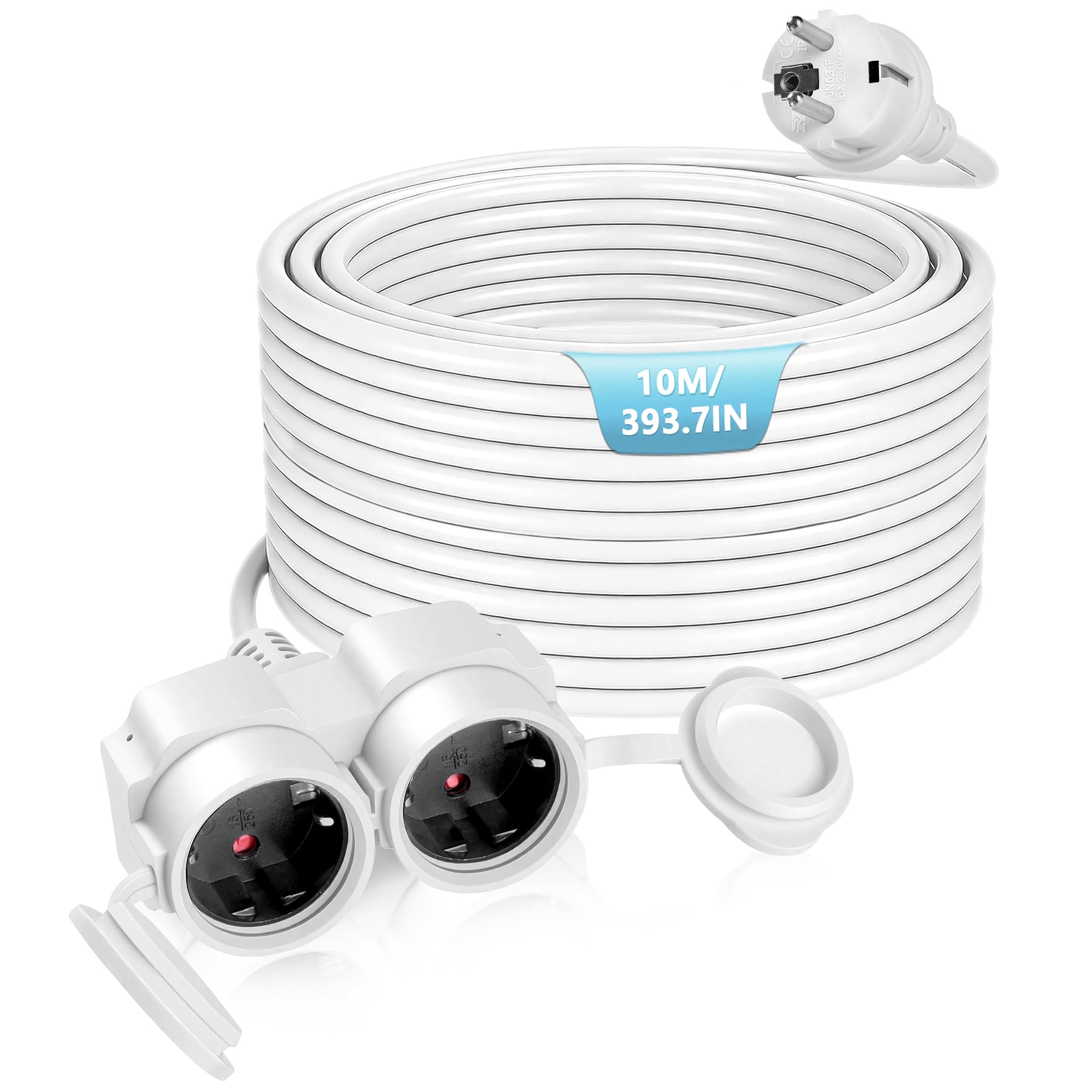 Stromkabel Verlängerung, Aussensteckdose wasserdicht mit 2 Steckdosen und Staubschutzabdeckungen, Steckdosenverlängerung für Innen und außen,Max 3500W/16A 250V,IP44, 10M Stromkabel(Weiß)