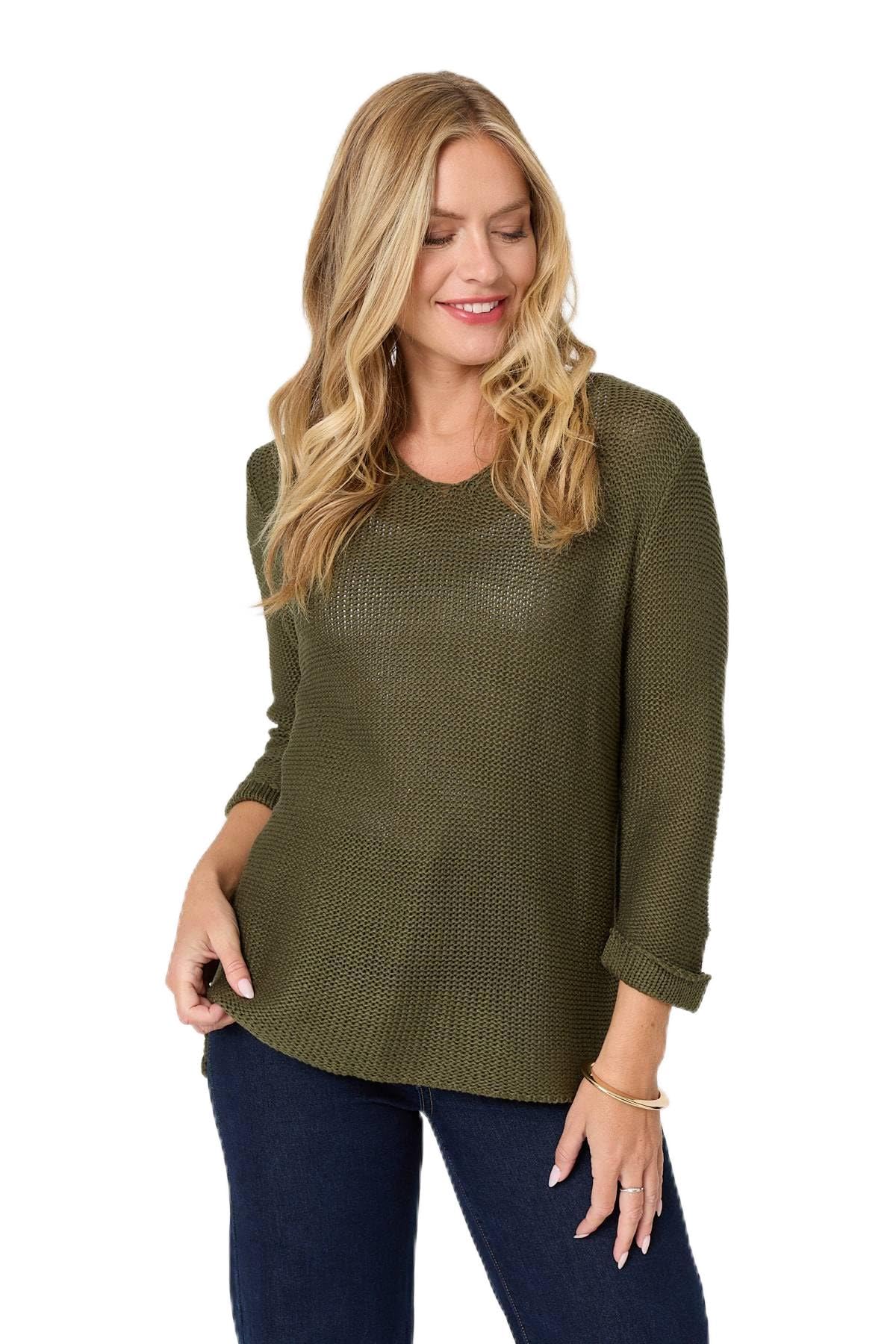 Izabel London Women's Khaki Mesh Texture 3/4 Sleeve Relaxed Top In | Size: 12-14