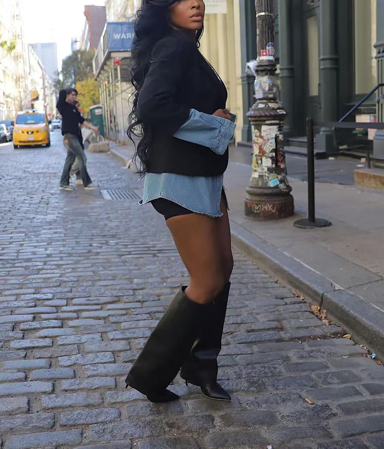 Tbahhir Women's Blazer Jacket Denim Patchwork Long Sleeve Lapel Button Down Casual Office Jean Trendy Coat - Image 4