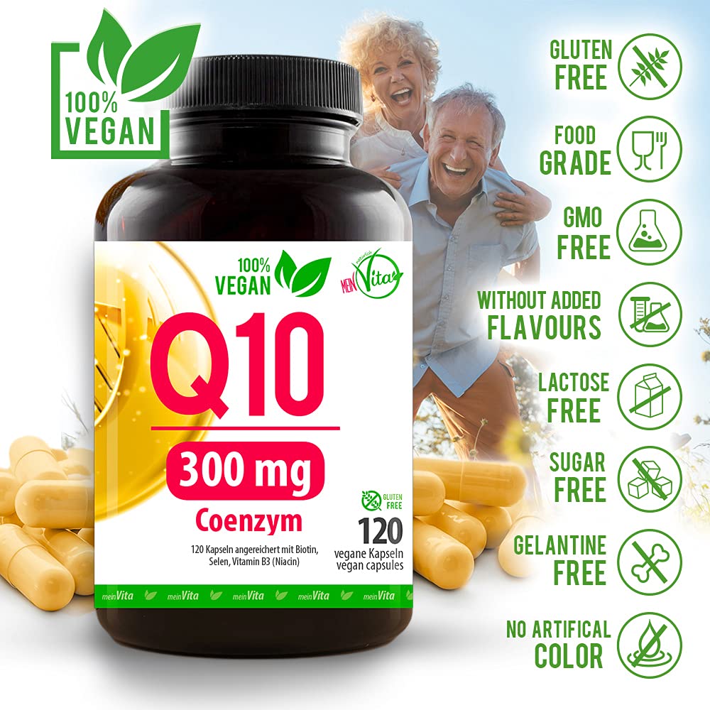 Coenzym Q10-300mg pro Kapsel hochdosiert, 100% Vegan – 120 Kapseln - Bioaktiv - aus pflanzlicher Fermentation - Laborgeprüft, mit B3, Biotin, Selen