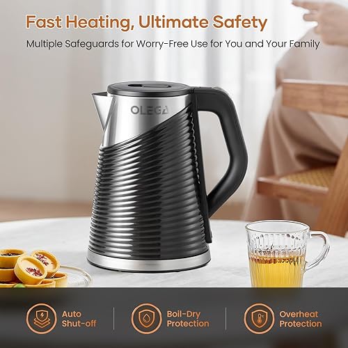Miniatura 3 de OLEGA Hervidor Eléctrico – Hervidor de té eléctrico de 1500W, hervidor eléctrico con interior de acero inoxidable de 1.8L para agua hirviendo, Negro