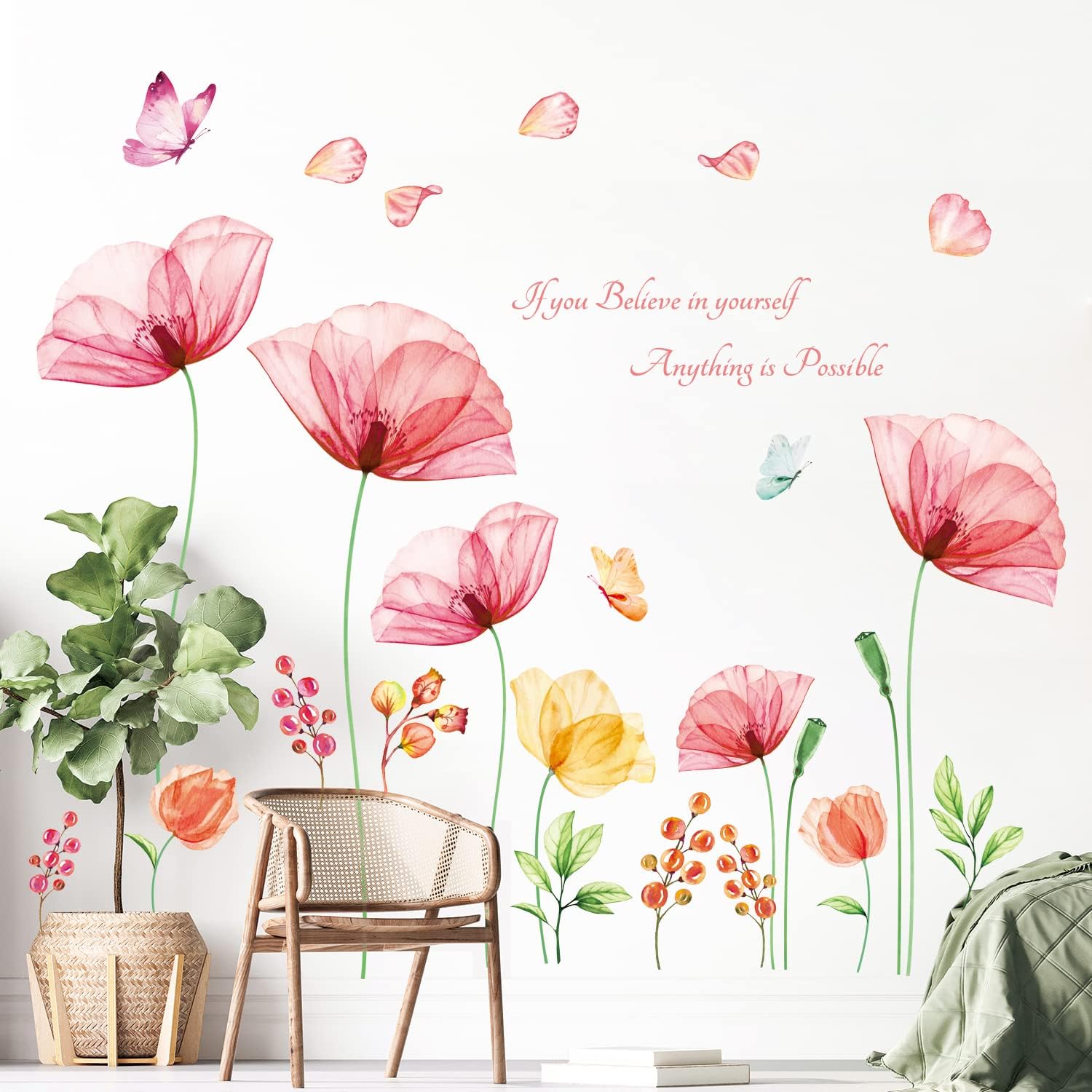 DecowallSG-2206 Pink Flowers Quotes Wall Stickers Poppy Floral Butterfly Decals Removable for Inspirational Bedroom Living Room Kitchen Bathroom Art Home Decor