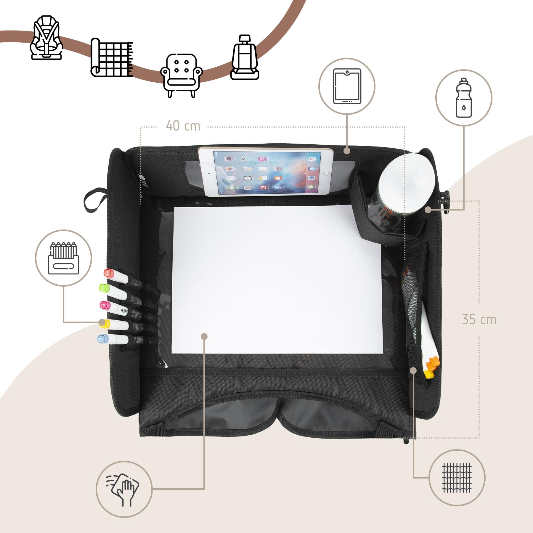 SIPO Reise-Tablett für Kindersitze – Klapptablett mit Trockenlöschfläche, Tablet-Halter (bis 11″), Getränkehalter & Taschen – faltbar, leicht, universell – Schwarz