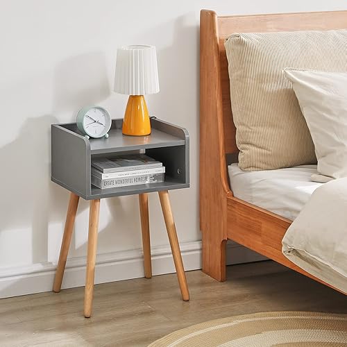 Miniatura 8 de IBUYKE Mesita de noche, mesa de noche moderna de mediados de siglo con patas de madera maciza, mesa auxiliar minimalista y práctica con estante de