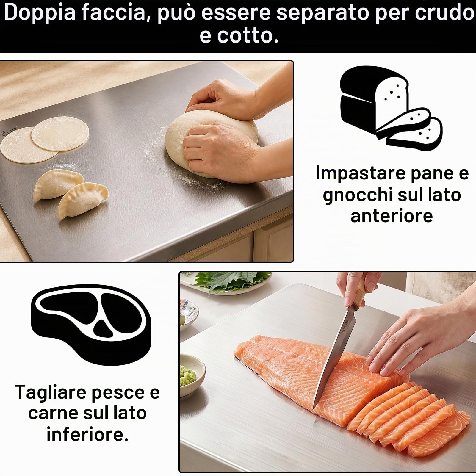 Tagliere in acciaio inox alimentare 60x40cm, spianatoia per impastare con bordo 1,5cm, professionale per pane pizza pasta