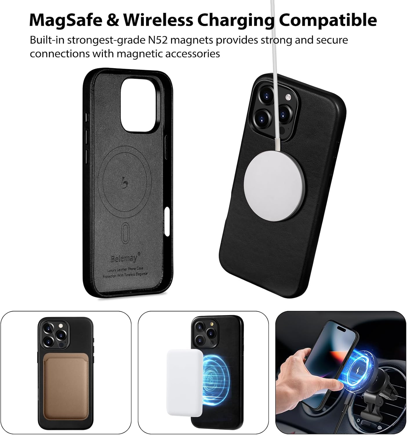 Belemay Compatible with iPhone 16 Pro Leather Case, Compatible with MagSafe, Premium Full-Grain Vegetable-Tanned Smooth Leather, Metal Buttons & Camera Bump Frame, Classy Luxury Cover (6.3") Black - Image 6