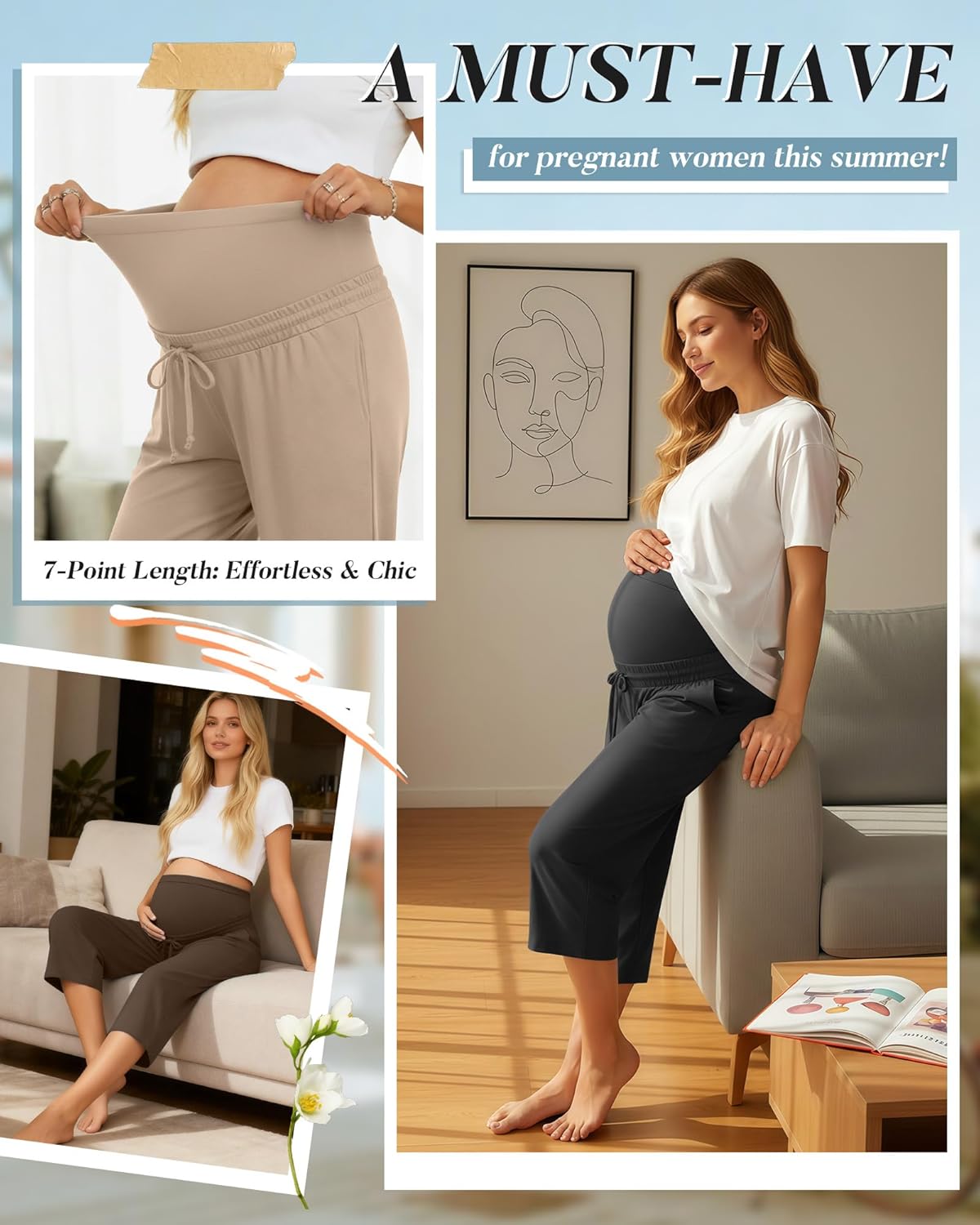 3 Pack Maternity Capri Pants Soft Over The Belly Knit Pregnancy Pants Loose Stretchy Lounge Pajama with Pockets