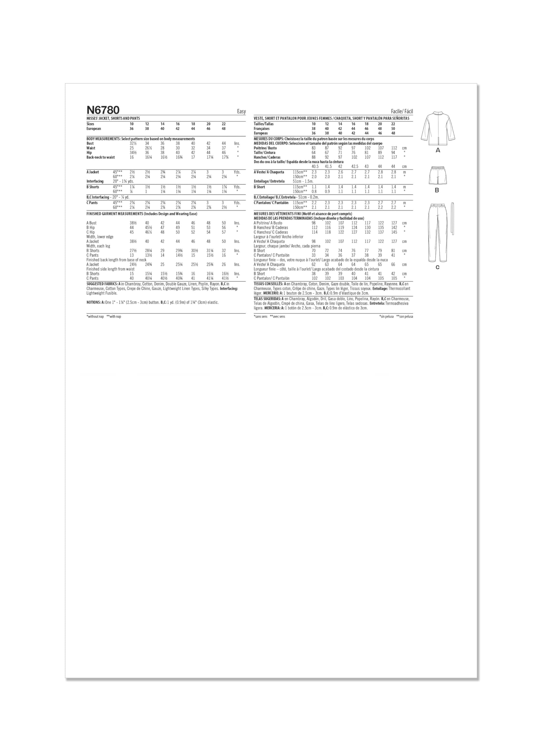 New Look Paper Sewing Pattern 6780 Jackets, Trousers, Shorts