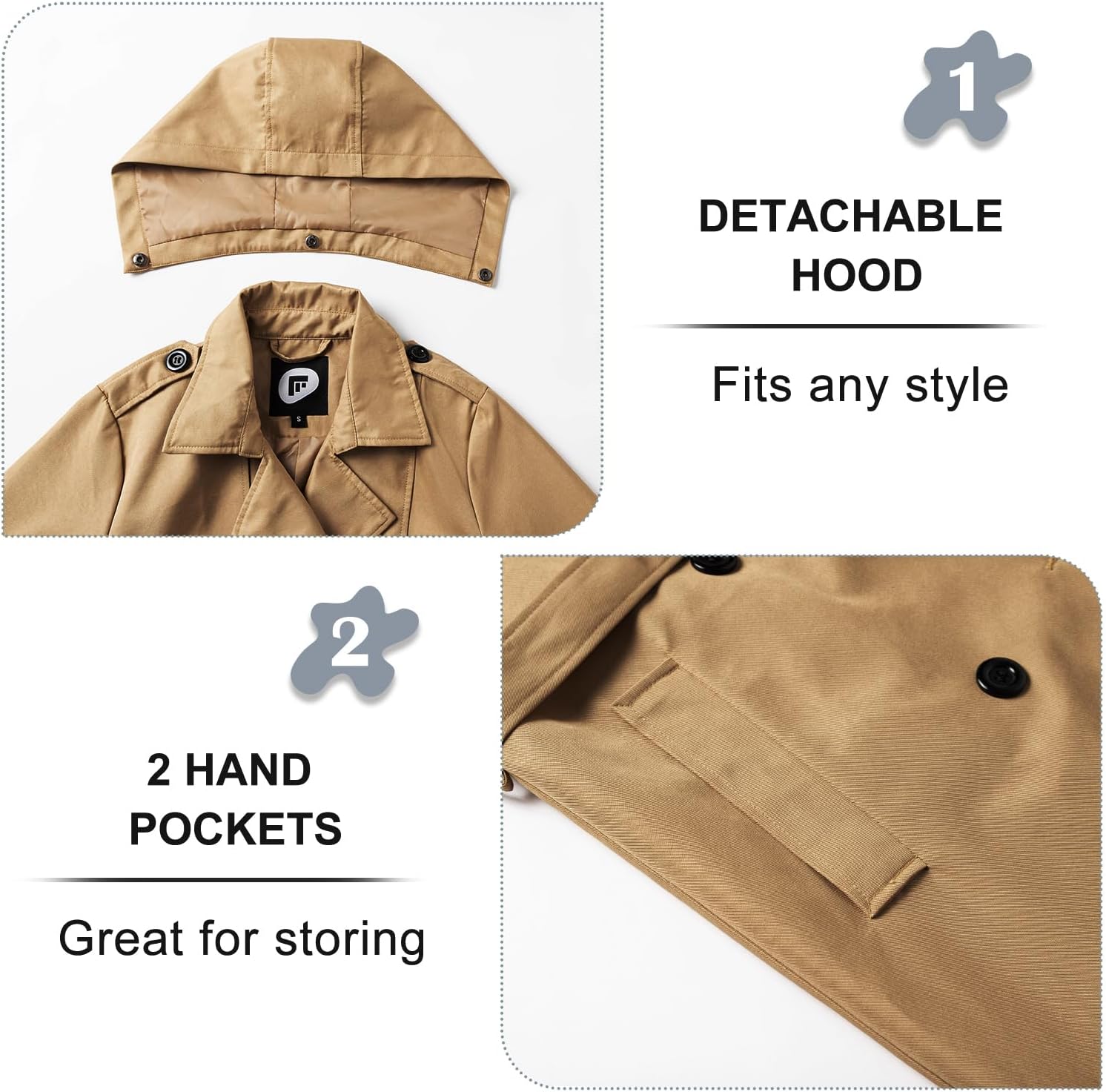 Garemcy Women's Long Waterproof Trench Coat Double Breasted Classic Lapel Coat Belted with Detachable Hood - Image 4