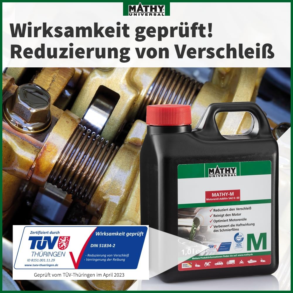 MATHY Motor-Reinigungs-Set Motorinnenreiniger 400ml + Motoröl Additiv 500ml, Hochwirksamer Motorreiniger beim Ölwechsel, Reiniger zur Motorspülung, Verschleißschutz für Diesel und Benzin Motor